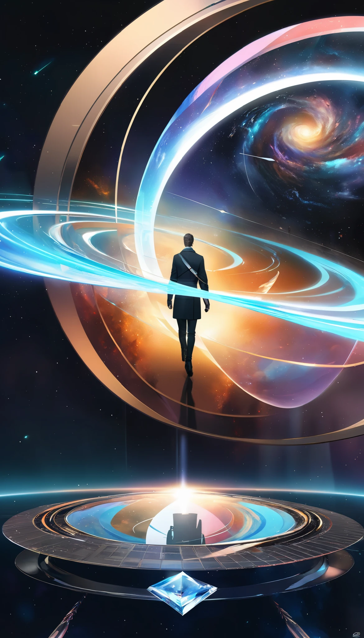 An arrow flies through space and time , Alone, I'm strongly inspired by swirling glasses, holographic reflection , Imitation of spatial transition , Concept Art, I'm wearing the latest digital art