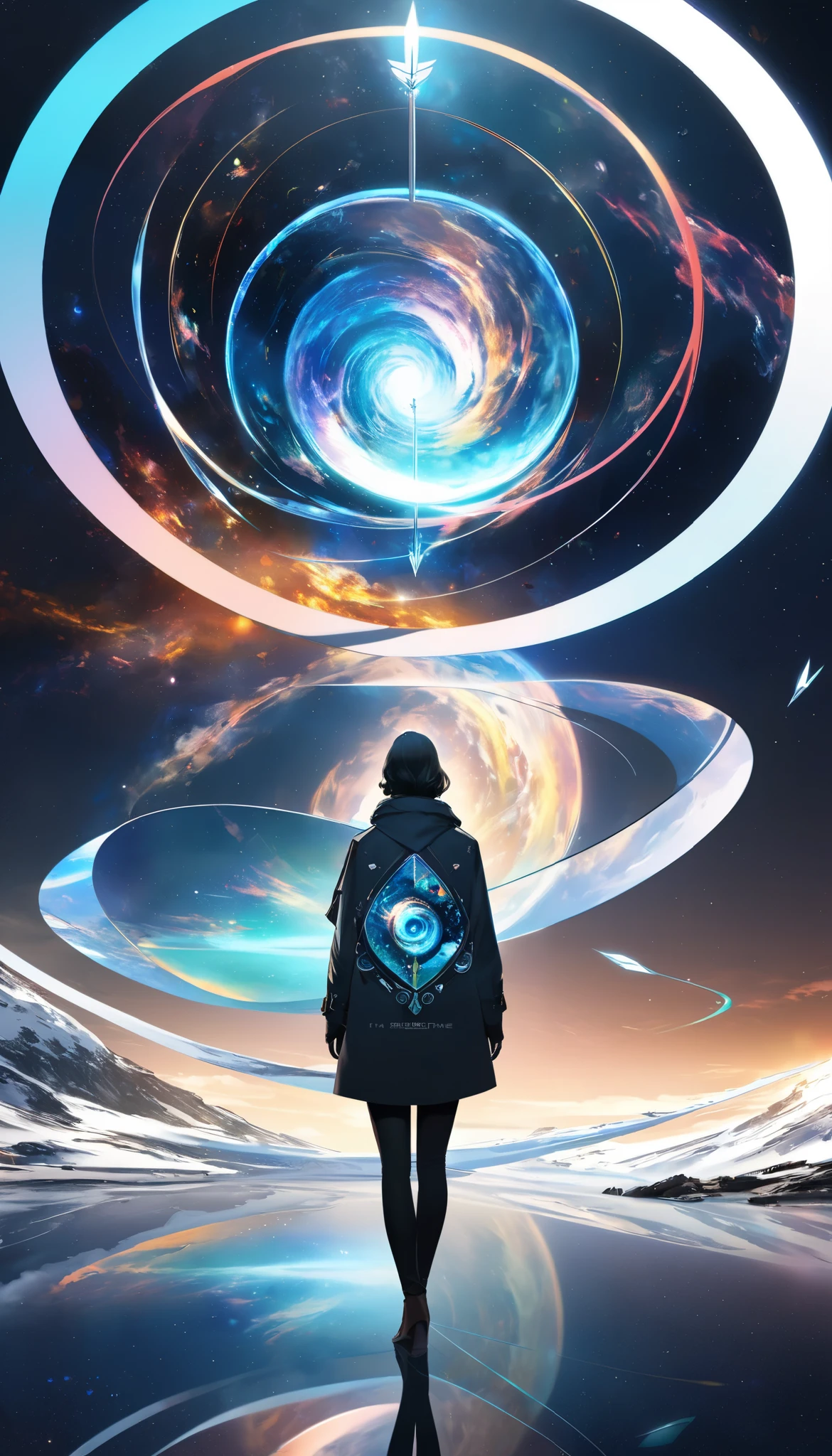 An arrow flies through space and time , Alone, I'm strongly inspired by swirling glasses, holographic reflection , Imitation of spatial transition , Concept Art, I'm wearing the latest digital art