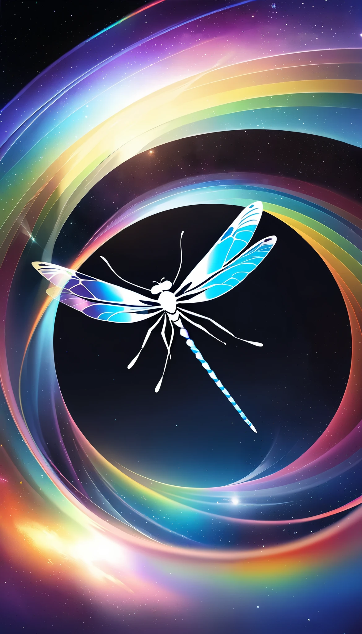 A dragonfly flies through beautiful rainbow-colored space-time , Alone, swirl glasses, holographic reflection , Imitation of spatial transition , Concept Art, I'm wearing the latest digital art