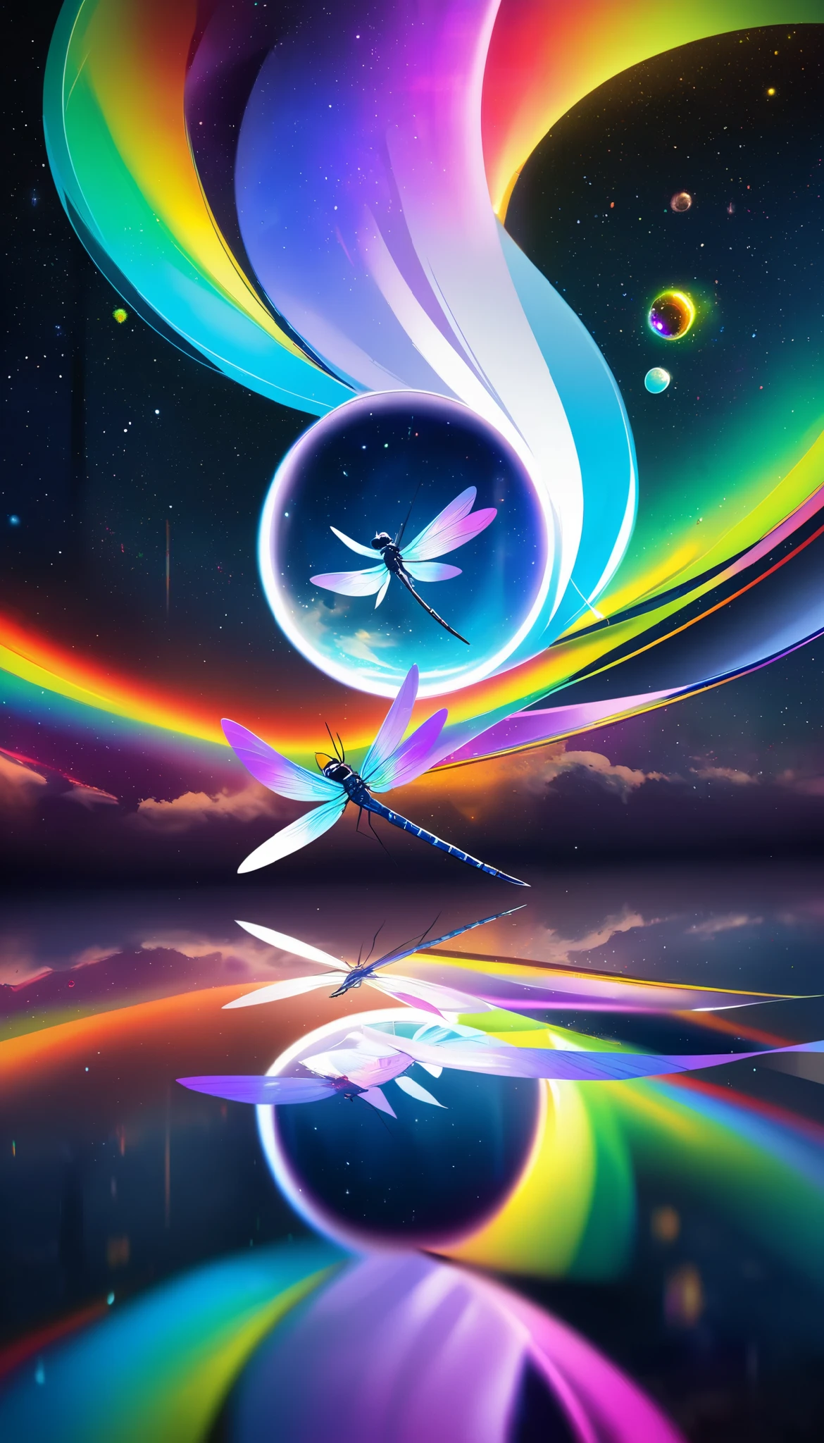A dragonfly flies through beautiful rainbow-colored space-time , Alone, swirl glasses, holographic reflection , Imitation of spatial transition , Concept Art, I'm wearing the latest digital art