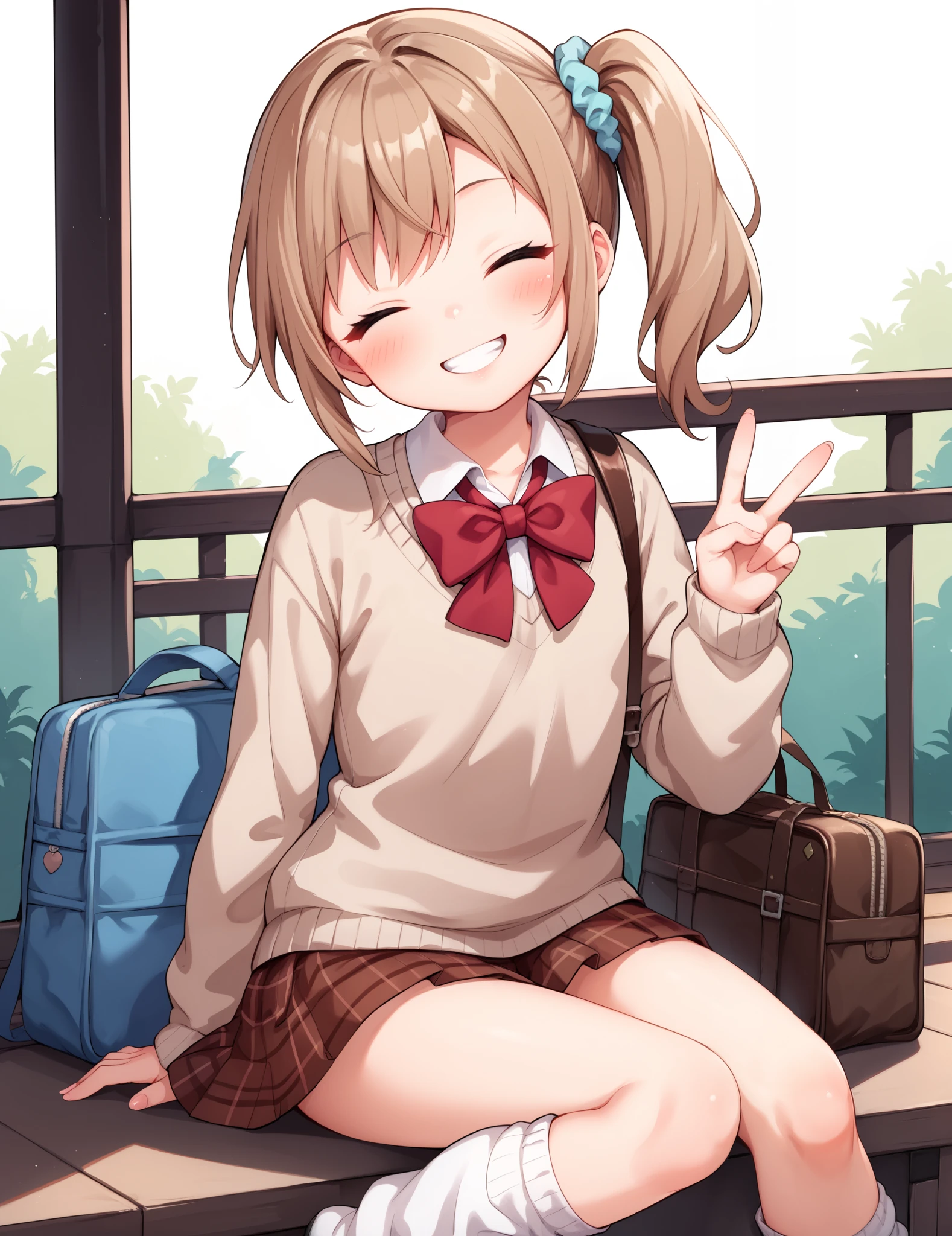 (watercolor:0.4),(pastelcolor:0.4),1girl,brown hair, closed eyes smile, (side ponytail),blush,grin,v near face,Scrunchie,red bowtie,light brown sweater,plaid skirt,loose socks,loafers,head tilt,sitting,(wariza),pastel hues,(white backgroud:1.2),straight-on,looking at viewer,flat chest