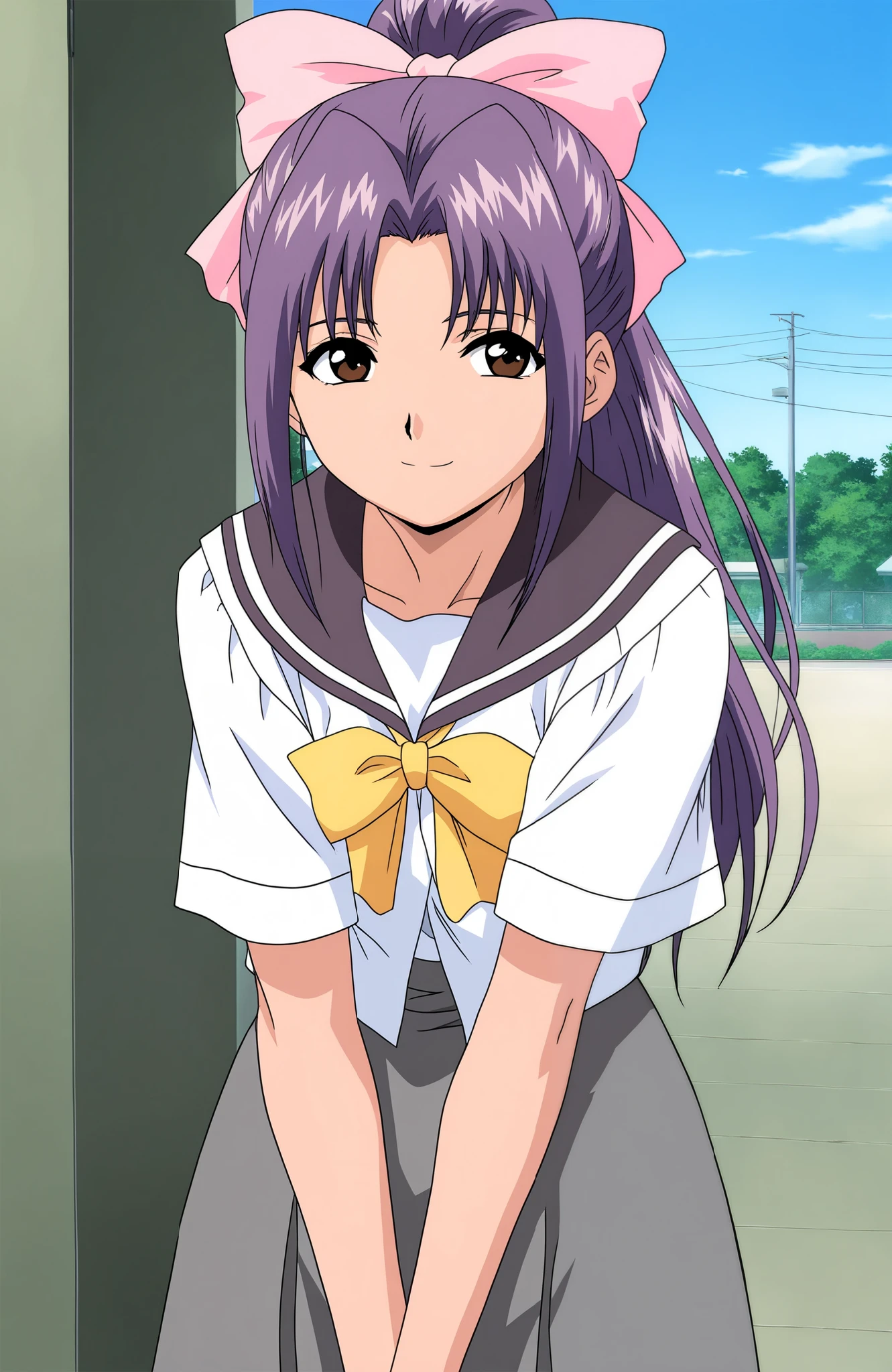  general , high resolution,  game cg,  Super Detail, very aesthetic, top quality ,  Best Hand  ,   Anime Coloring Book,
 Koigakubo_,  purple hair,  long hair, hair bow,  brown eyes,  ponytail ,  pink ribbon,  1 girl, Alone,  school uniform,  Yellow Ribbon ,   v Arms,
smile, is staring at viewers,   cowboy _shot,  Grey Skirt, Lower Body,
ãã©ã¹ ,  blue sky,
