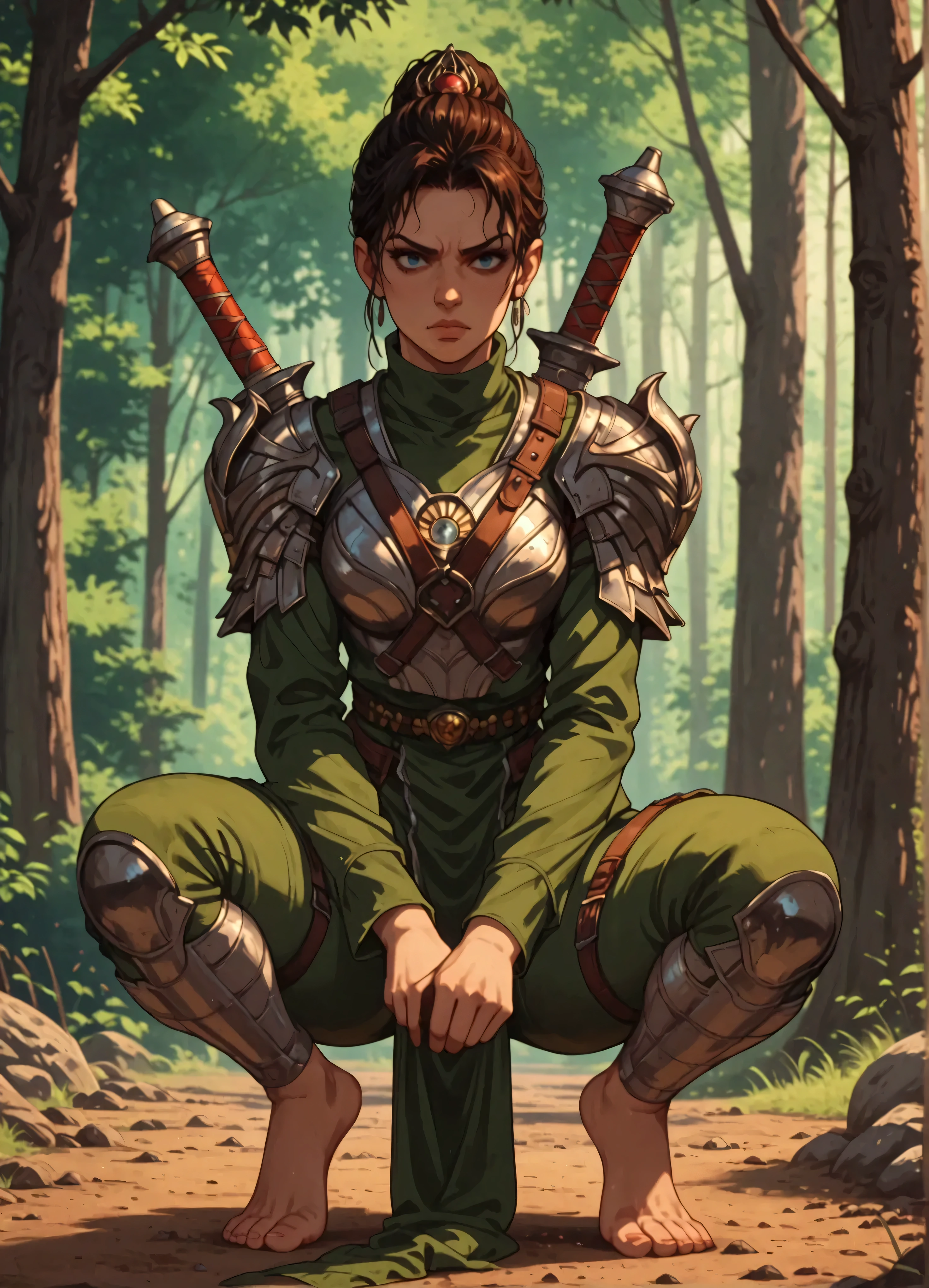 anime_screencap, score_9, score_8_up, score_7_up, score_6_up, score_5_up, score_4_up, Anime, (masterpiece), best quality, stunning woman, nomad woman, dressed in animal_pelts, covered in rags, thick fur, crouched, ((barefoot)), feral, dangerous, holding bladed weapon, Fantasy, forest, Stylized hair, (perfect body) with pretty round face, wide, 8K, super detail, high detail, high definition, small pointy chest, juicy perky tits, depth of field, cinematic, soft light, (detailed eyes), detailed iris, (90's Anime), Action dynamic, rage expression,