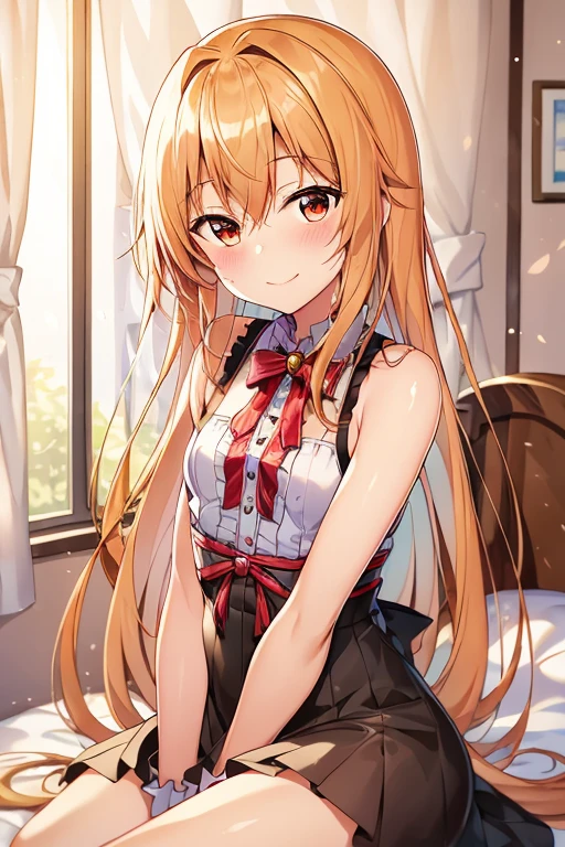 Asuna Yuki(Sword Art Online), dynamic angle, long bronze hair,Braid,brown eyes,fine eyes,big chest line,roll forward,armature,chest flap,long sleeve white shirt,removed sleeve,red and white skirt,pleated skirt,lifelike,Her thin legs are so cute.,very beautiful long legs.,white thighs,garter,perfect body,lifelike,Are standing,in the bedroom ,(((on the bed))),white lace pink ribbon panties,NSFW,fighting style,NSFW,Panty shot,grab pussy