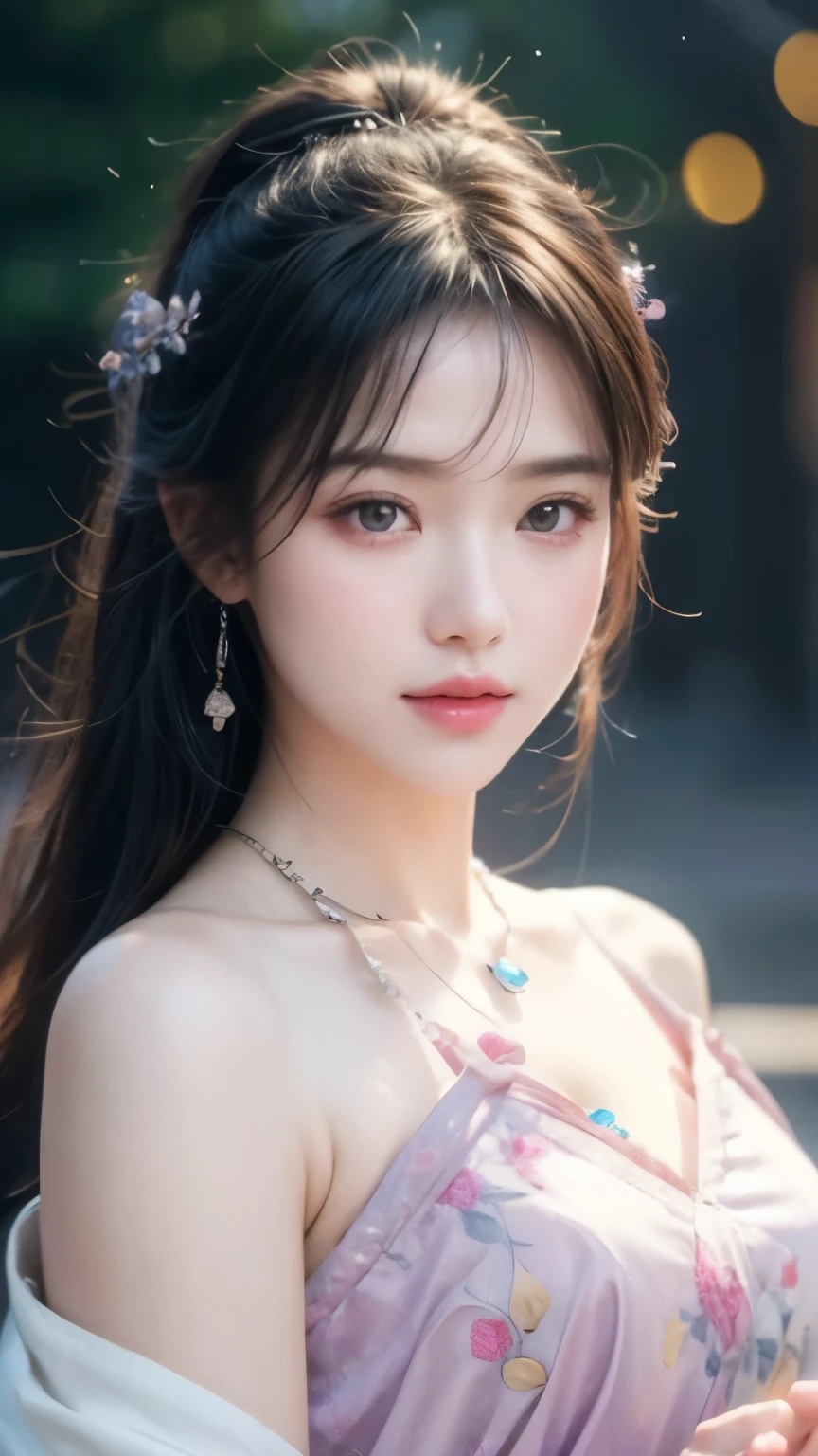best quality, masterpiece, high resolution, wuxia1girl,blush,(Charming smile:0.8),Star-shaped pupil,china hanfu,Hair accessories,necklace, Jewelry,Pretty Face,more than_Body, Tyndall effect,lifelike, Dark Studio, Edge lighting, Two-color light,(High Detail Skin:1.2), 8K Ultra HD, SLR camera, Soft Light, high quality, Volumetric Lighting, frank, photo, high resolution, 4K, 8K, Bokeh,Surrounded by blooming purple flowers