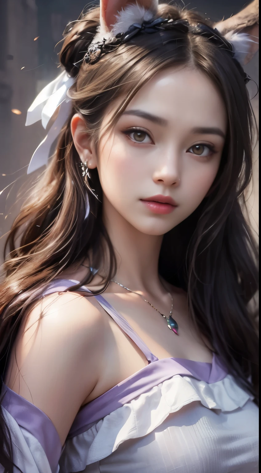 1 beautiful girl in Han costume, thin purple silk shirt with white color with many textures, white lace top, long platinum purple ponytail, Hair Jewelry, ear jewelry, light purple rabbit ears, necklace and necklace, meticulously drawn large purple eyes, meticulous makeup, Thin eyebrows, High Nose, lovely red lips, not smiling, pursed lips, rosy cheeks, wide breasts, Big breasts , well-proportioned bust, Slim waist, purple mesh socks, chinese hanfu style, fictitious art textures, vivid and realistic colors, RAW Photos, Realistic Photos, ultra high quality 8k surreal photos, (effective fantasy light effect: 1.8), 10x pixel, magical effect (Background): 1.8), ultradetailed eyes, girl body portrait, ancient hanfu background,
