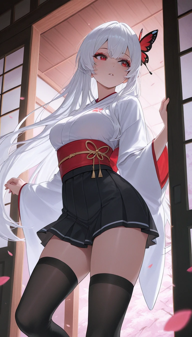 NSFW,Long Hair、Green Eyes、bangs、Pointed Ears、hair ornaments、White Hair、Symbol-shaped pupil、Multicolored Hair、Side Ponytail、Gradient Hair、Green Hair、Hair between the eyes、Cross-shaped pupil、smile、gem、葉っぱのhair ornaments、bracelet,Shrine maiden、kimono、Sleeveless,Hakama Short Skirt,(Sideboob:1.5),(Perfect hands),(Perfect Anatomy),(masterpiece),(highest quality),(Embarrassed:1.5),blush,Shy laugh,shrine,torii,Japanese style,Crouching with legs apart