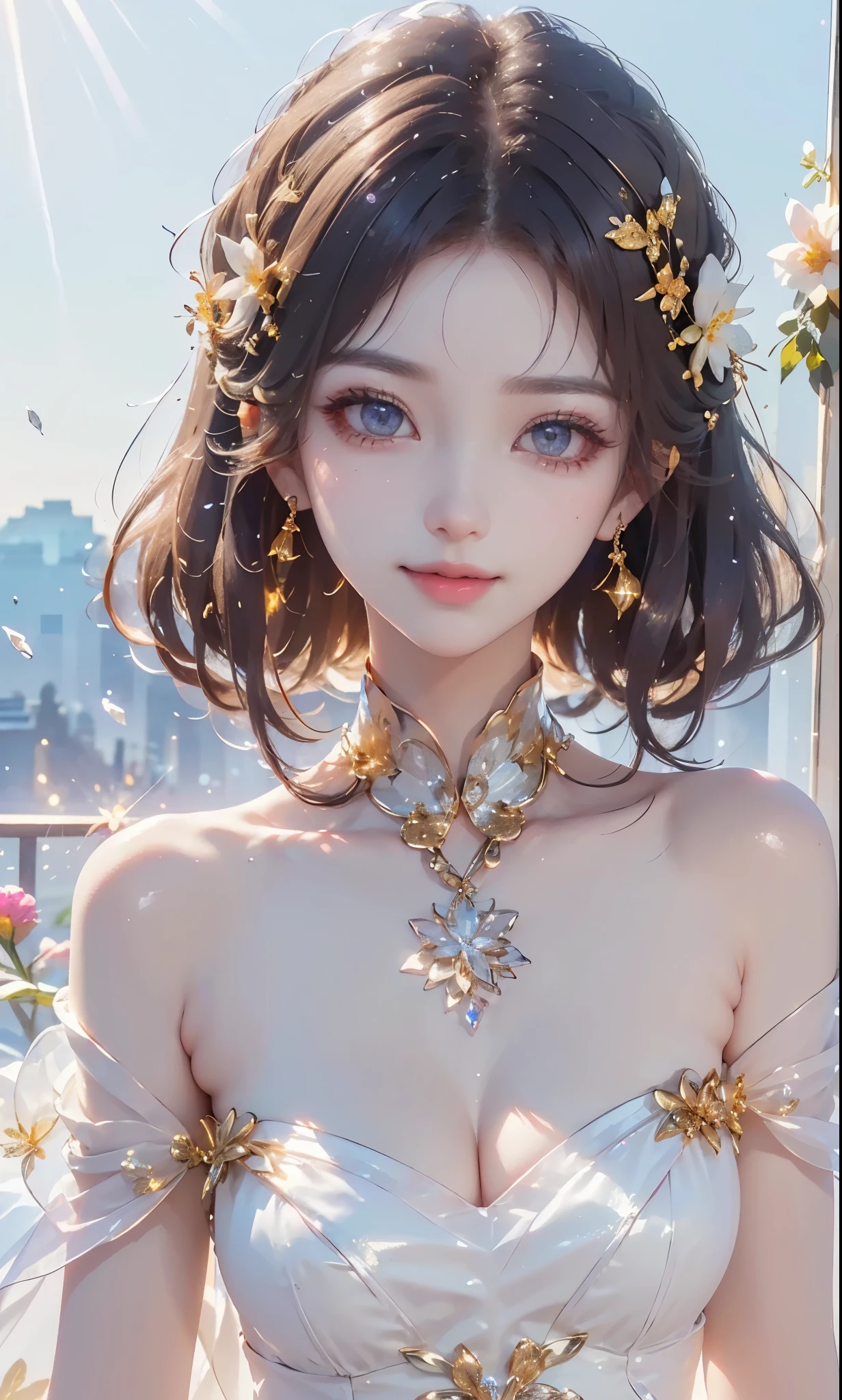 (masterpiece、highest quality、highest quality、Beautiful and beautiful:1.2)、(Good anatomy:1.5)、Focus on the eyes、Painting of a girl with milky white hair、Translucent Princess Dress、Jewelry Tiara,Beautiful smile、looking at the camera、Diffuse reflection of light、Gold flower,Silver Flower,Pearl Light, reika