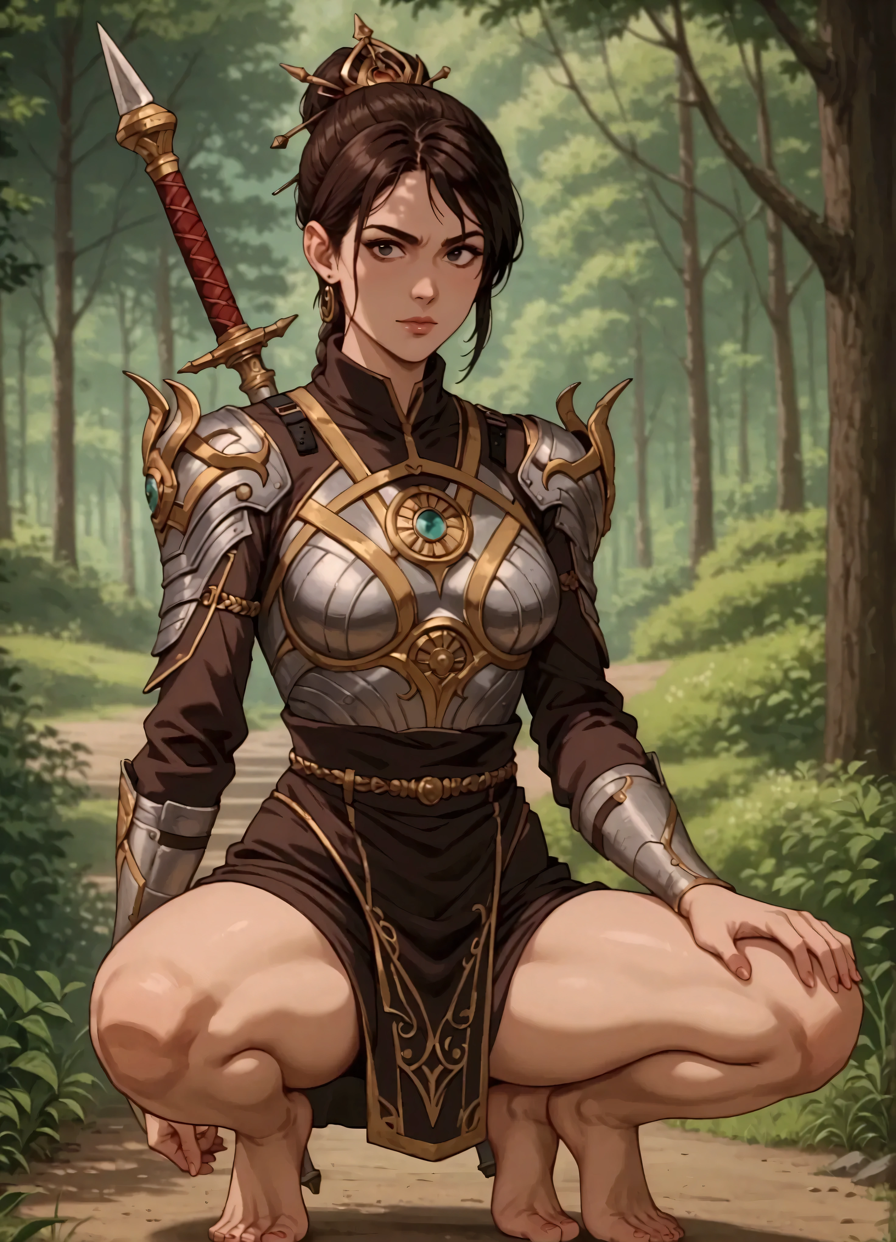 anime_screencap, score_9, score_8_up, score_7_up, score_6_up, score_5_up, score_4_up, rate_safe, source anime, (masterpiece), best quality, stunning woman, nomad woman, dressed in animal_pelts, covered in rags, thick fur, crouched, ((barefoot)), feral, dangerous, holding bladed weapon, Fantasy, forest, Stylized hair, (perfect body) with pretty round face, wide, 8K, super detail, high detail, high definition, small pointy chest, juicy perky tits, depth of field, cinematic, soft light, (detailed eyes), detailed iris, (90's Anime), Action dynamic, rage expression, perfect light,