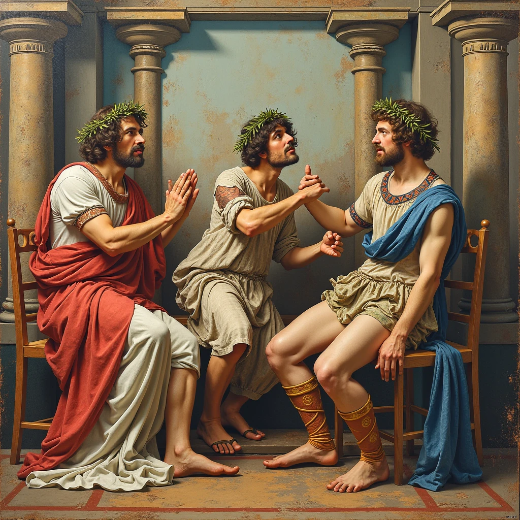 Standing pose, oil painting, exquisite, oil painting, ((5 men in the thermal Baths)), Fresco style, by Daniel Gerhartz, By Greg Rutkowski, regency era, classic art, , ((five naked men)), ((briefs, bulge)), ((five shirtless men kissing)), strong handsome, pose, scantily dressed Men, ((5 men)), loving, smooth muscles, landscape background, centered, perfect composition, canvas texture, no clothes, oil on canvas, oil painting, Masterpiece, ((5 Men))