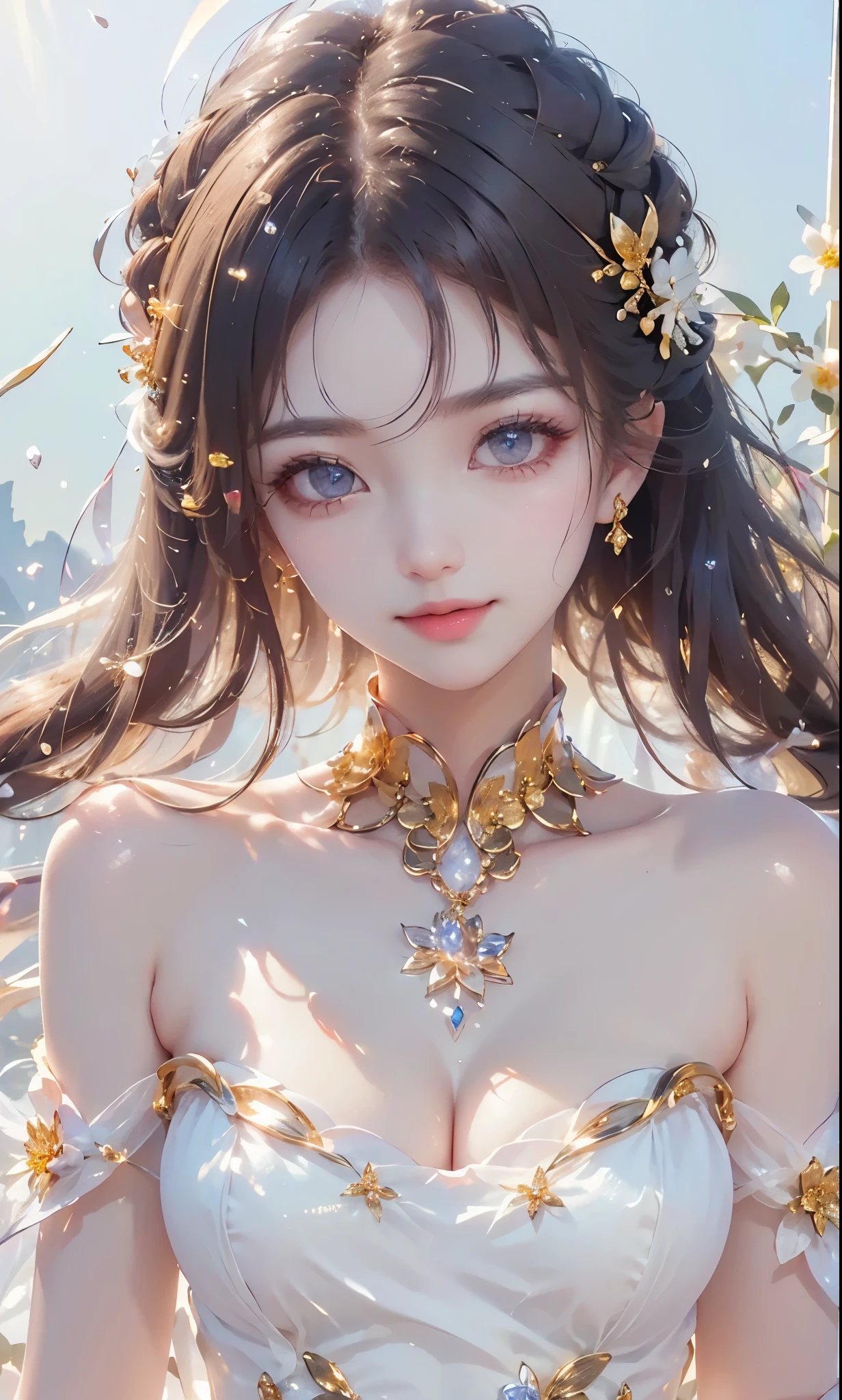 (masterpiece、highest quality、highest quality、Beautiful and beautiful:1.2)、(Good anatomy:1.5)、Focus on the eyes、Painting of a girl with milky white hair、Translucent Princess Dress、Jewelry Tiara,Beautiful smile、looking at the camera、Diffuse reflection of light、Gold flower,Silver Flower,Pearl Light, reika