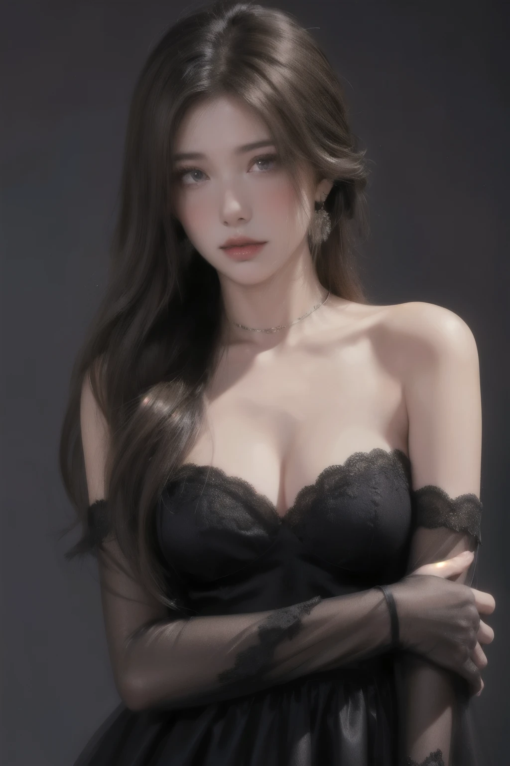1girl, high quality, black evening gown, skirt, lace trim, , see-through, cleavage, earrings, choker, grey background, looking at viewer, blush,