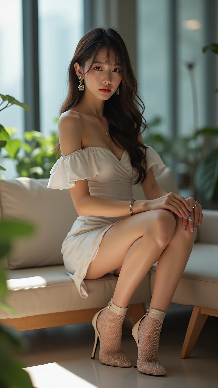 8K ultra hd, masterpiece, a girl, beautiful face, detailed eyes, detailed lip, fantacy dress, white robe dress, high light, sunny weather, blur effect, sitting,, whole body capture,