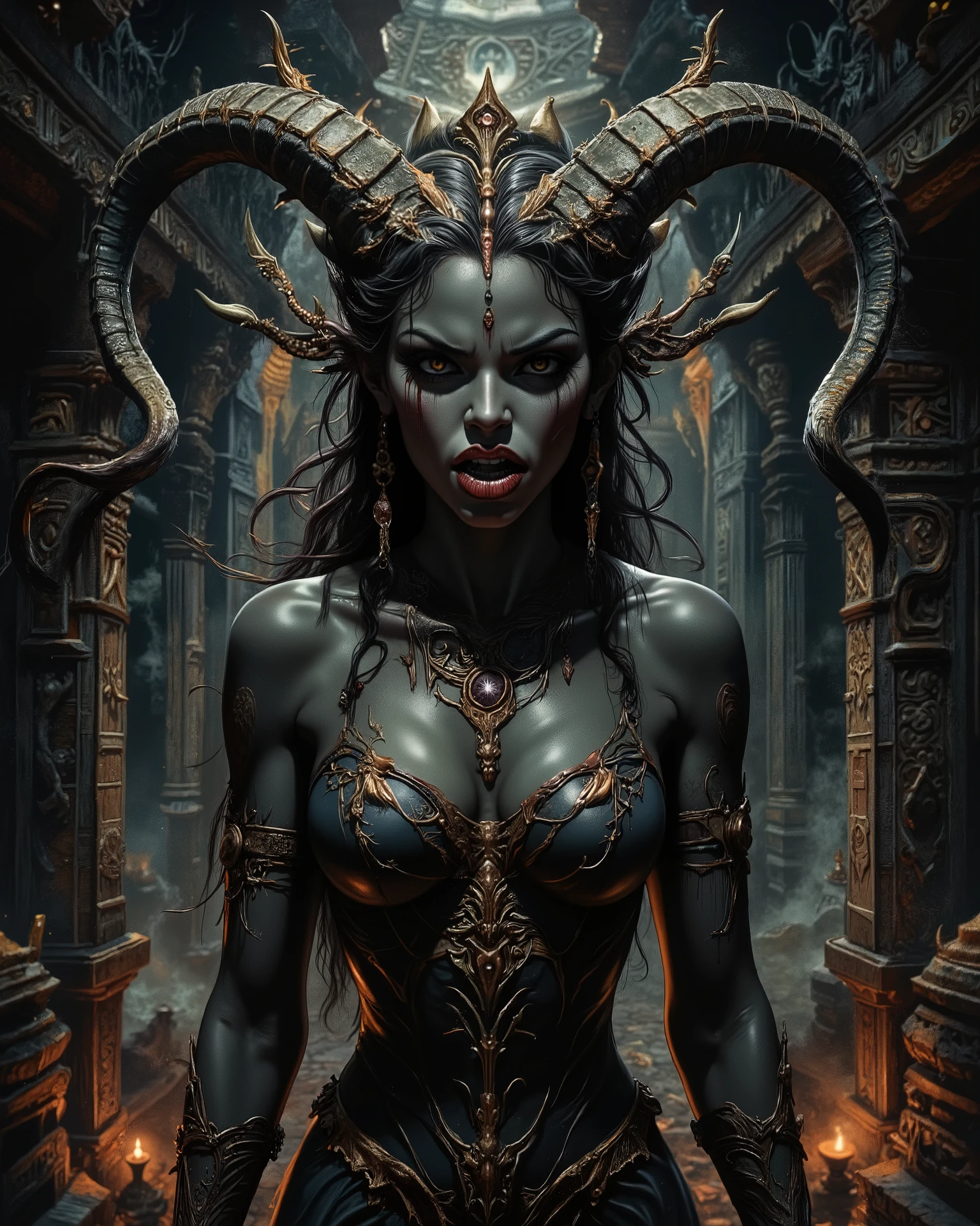 Satanic sexy Balinese goddess, in luridly lit temple, Asian Indonesian features, angry, scary, horror vibe, smoke, very detailedHigh Resolution, Looking at viewer, Tongue Out, Fang, Horns, Depth Of Field, Backlighting, fumetto style, frazetta