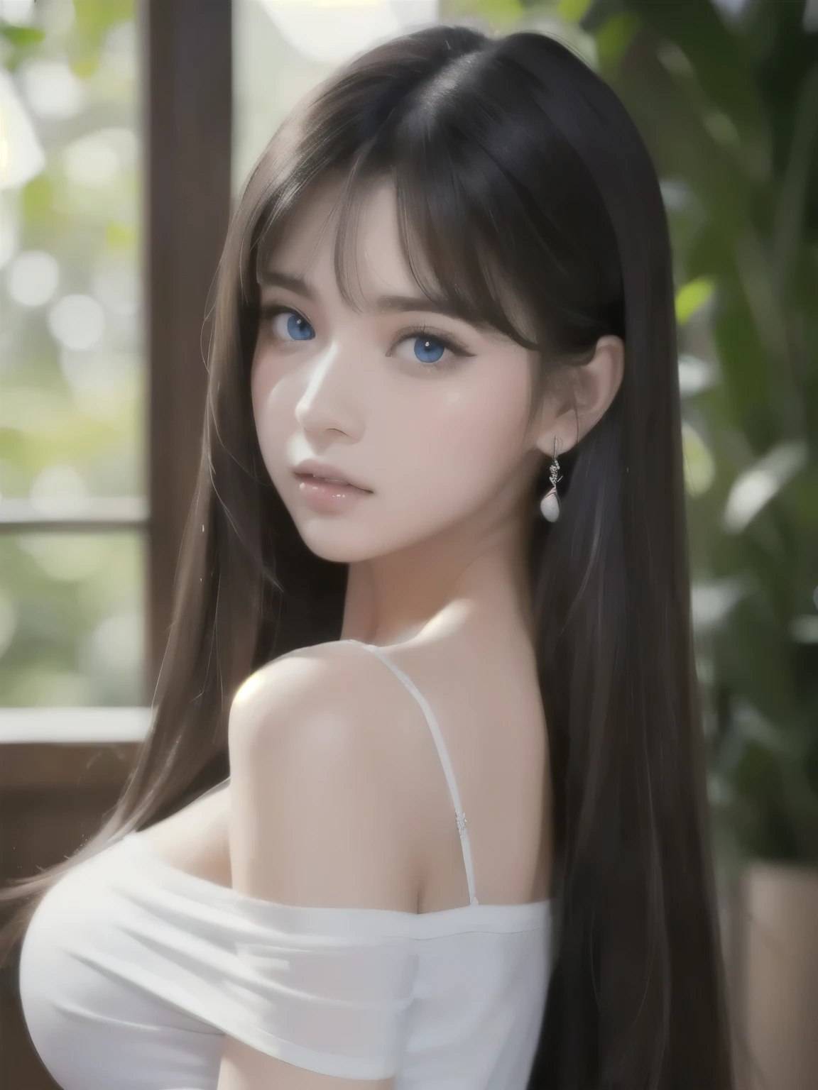 1girl in, ***19, Solo, Super long straight hair, Colossal tits, Looking at Viewer, ((shiny light dark hair))、Messy bangs between beautiful eyes、de pele branca、Beautiful skin、glowy skin、Gloss Face、Teak Gloss、Bare shoulders, jewely, Full body, (Very detailed 8k wallpaper), Soft lighting, high detailing, Sharp Focus,(Natural light), (gros-plan:1.2), (Seductive), off shoulder t-shirt, Realistic, A sexy、beautiful big white and pale blue eyes、eye liner、