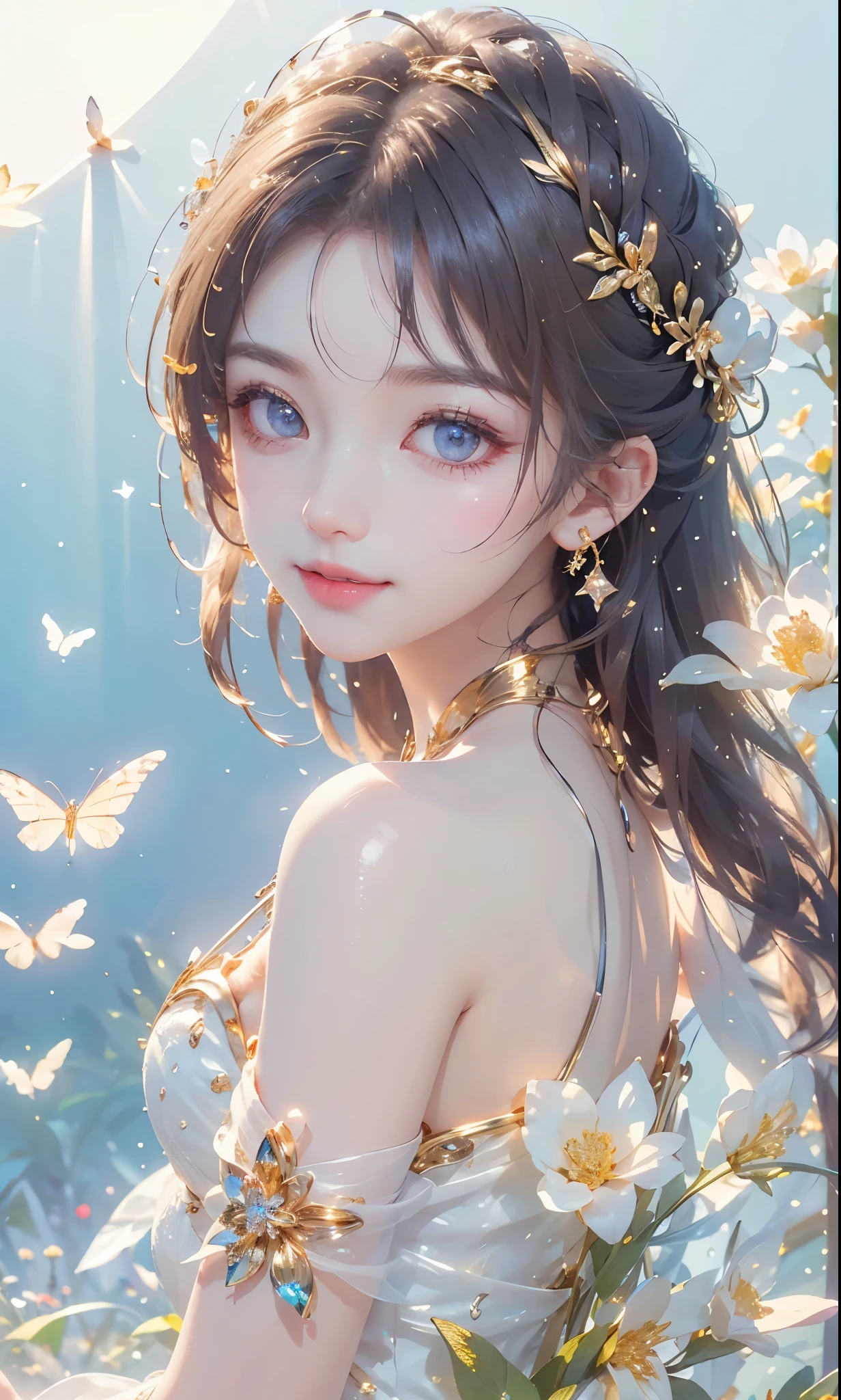 (masterpiece、highest quality、highest quality、Beautiful and beautiful:1.2)、(Good anatomy:1.5)、Focus on the eyes、Painting of a girl with milky white hair、Translucent Princess Dress、Jewelry Tiara,Beautiful smile、looking at the camera、Diffuse reflection of light、Gold flower,Silver Flower,Pearl Light, reika, ((from side))