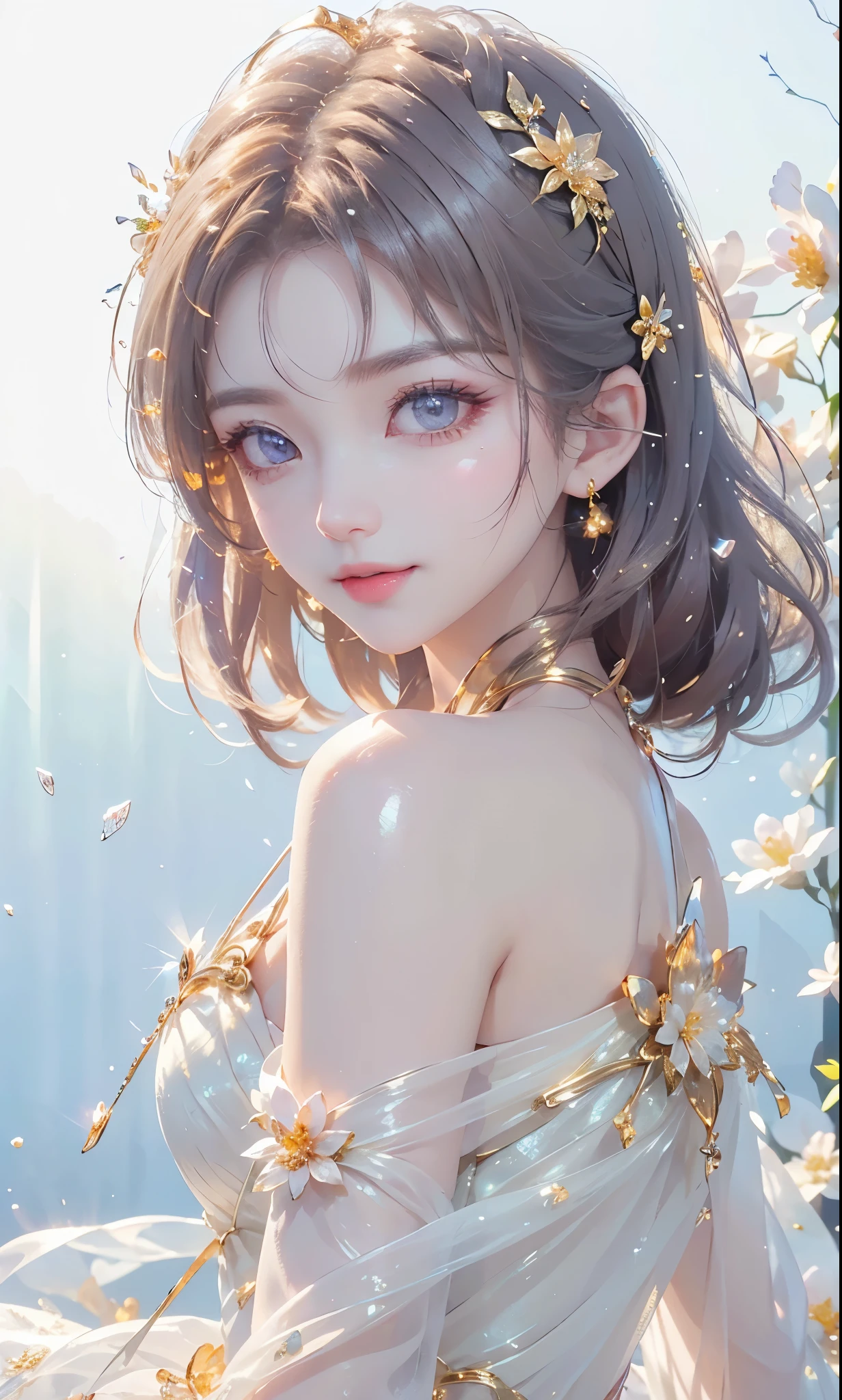 (masterpiece、highest quality、highest quality、Beautiful and beautiful:1.2)、(Good anatomy:1.5)、Focus on the eyes、Painting of a girl with milky white hair、Translucent Princess Dress、Jewelry Tiara，Beautiful smile、looking at the camera、Diffuse reflection of light、Gold flower，Silver Flower，Pearl Light, reika, ((from side))
