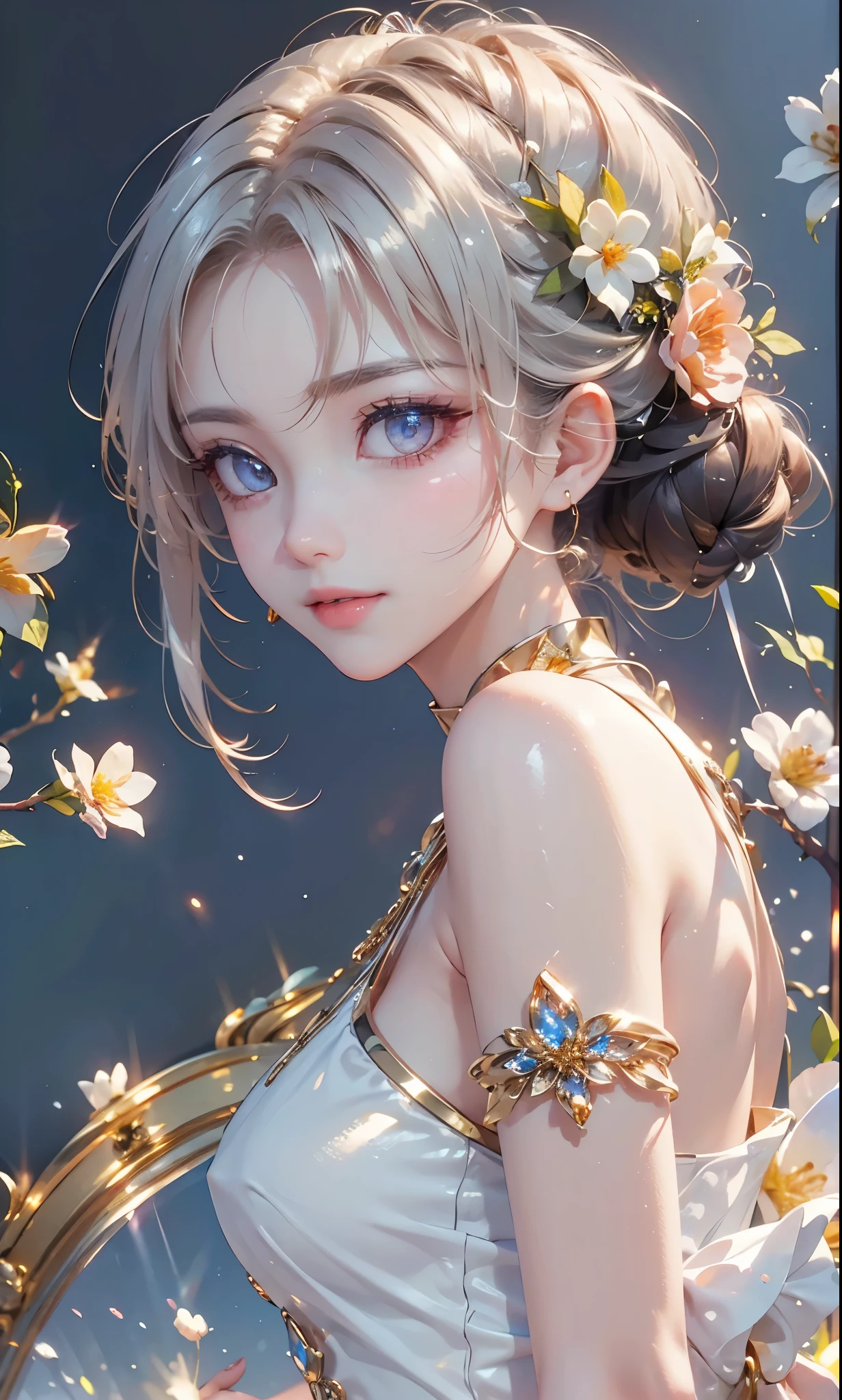 (masterpiece、highest quality、highest quality、Beautiful and beautiful:1.2)、(Good anatomy:1.5)、Focus on the eyes、Painting of a girl with milky white hair、Translucent Princess Dress、Jewelry Tiara,Beautiful smile、looking at the camera、Diffuse reflection of light、Gold flower,Silver Flower,Pearl Light, reika, ((from side))
