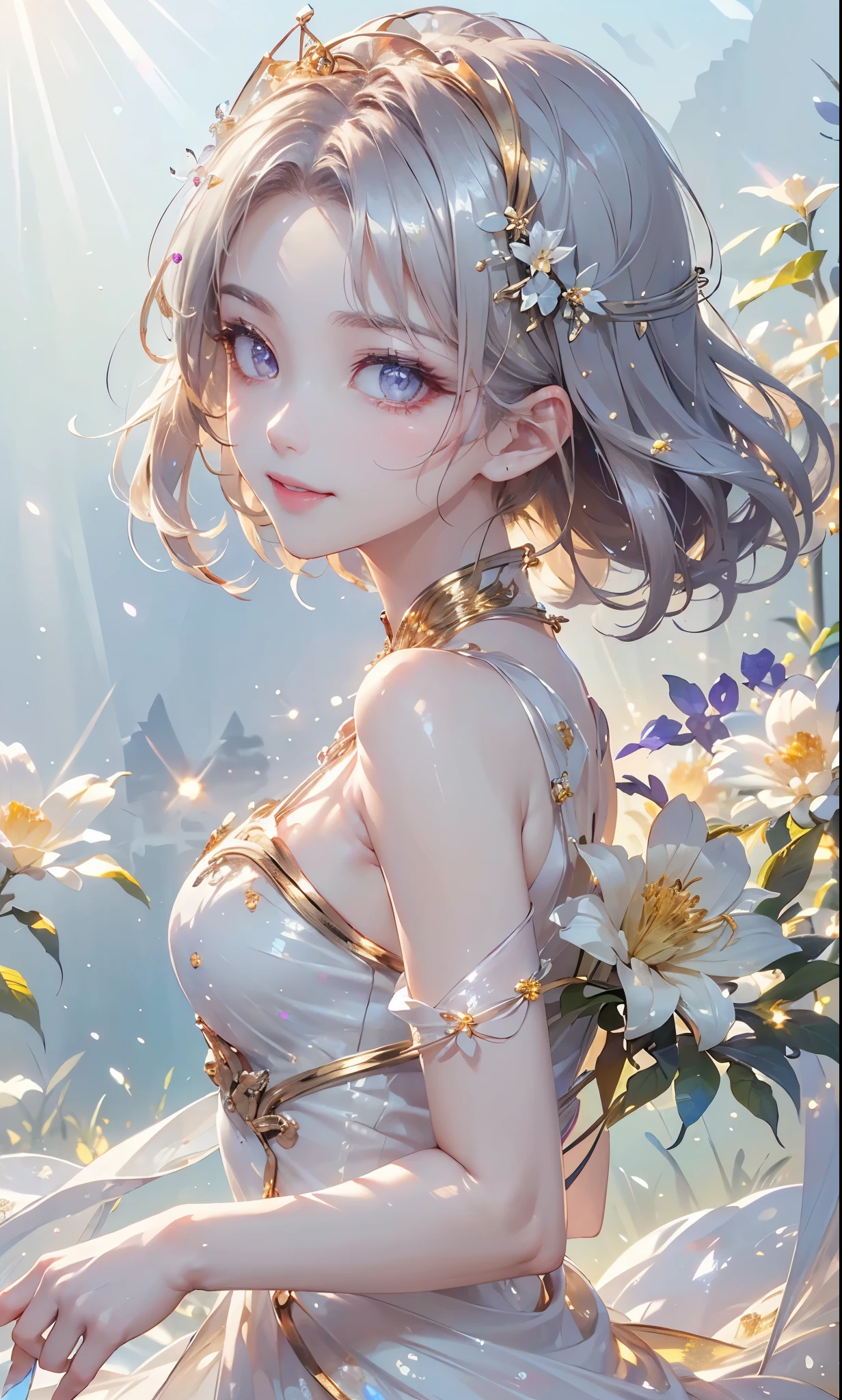 (masterpiece、highest quality、highest quality、Beautiful and beautiful:1.2)、(Good anatomy:1.5)、Focus on the eyes、Painting of a girl with milky white hair、Translucent Princess Dress、Jewelry Tiara，Beautiful smile、looking at the camera、Diffuse reflection of light、Gold flower，Silver Flower，Pearl Light, reika, ((from side))
