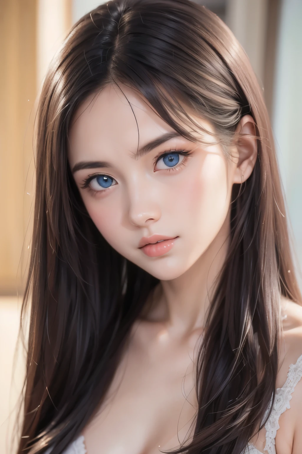 (((32k,high details,high detail、masterpiece,attention to detail,alone))),Raw photo & realistic atmosphere,beautiful dark blue eyes,detailed mouth,glossy lips,thin eyebrows,fine eyes、Soft white skin that shines in every detail、Her deep black eyes are very beautiful,lip details、very beautiful face,very well-shaped face、lifelike face,shining beautiful lips,beautiful eyebrows,infinite reality, Realistic young gravure idol,very cute woman , young gravure idol, young gravure idol, Very beautiful and cute 1Beautiful girl 19 years old,incredibly beautiful and classy1Beautiful girl 19 years old,natural soft light,(shiny hair,,Beautiful and kind eyes:1.5),gentle smile,well-shaped chest,medium long hair,Ties hair into one,beautiful posture,no makeup,think ahead,