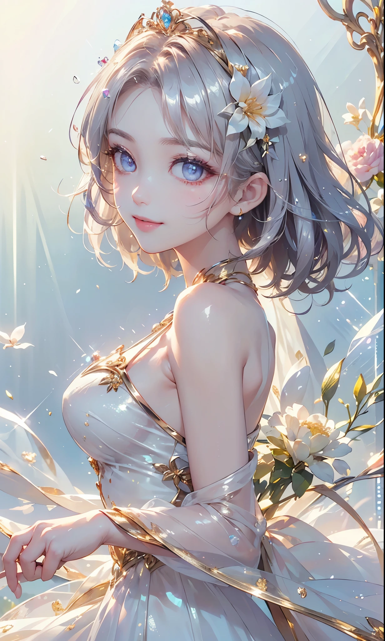 (masterpiece、highest quality、highest quality、Beautiful and beautiful:1.2)、(Good anatomy:1.5)、Focus on the eyes、Painting of a girl with milky white hair、Translucent Princess Dress、Jewelry Tiara,Beautiful smile、looking at the camera、Diffuse reflection of light、Gold flower,Silver Flower,Pearl Light, reika, ((from side))