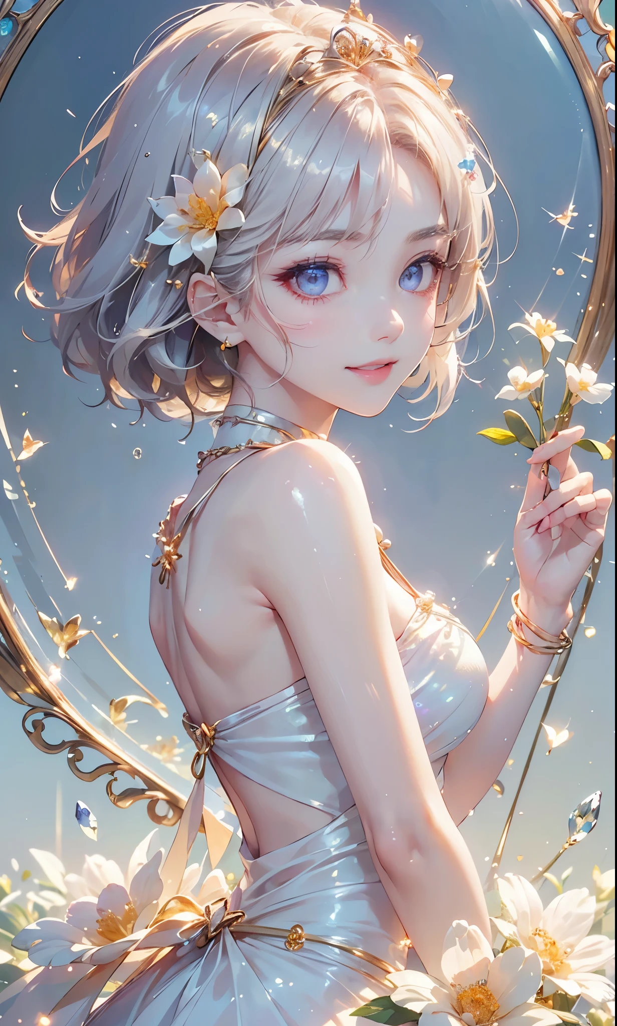 (masterpiece、highest quality、highest quality、Beautiful and beautiful:1.2)、(Good anatomy:1.5)、Focus on the eyes、Painting of a girl with milky white hair、Translucent Princess Dress、Jewelry Tiara,Beautiful smile、looking at the camera、Diffuse reflection of light、Gold flower,Silver Flower,Pearl Light, reika, ((from side))