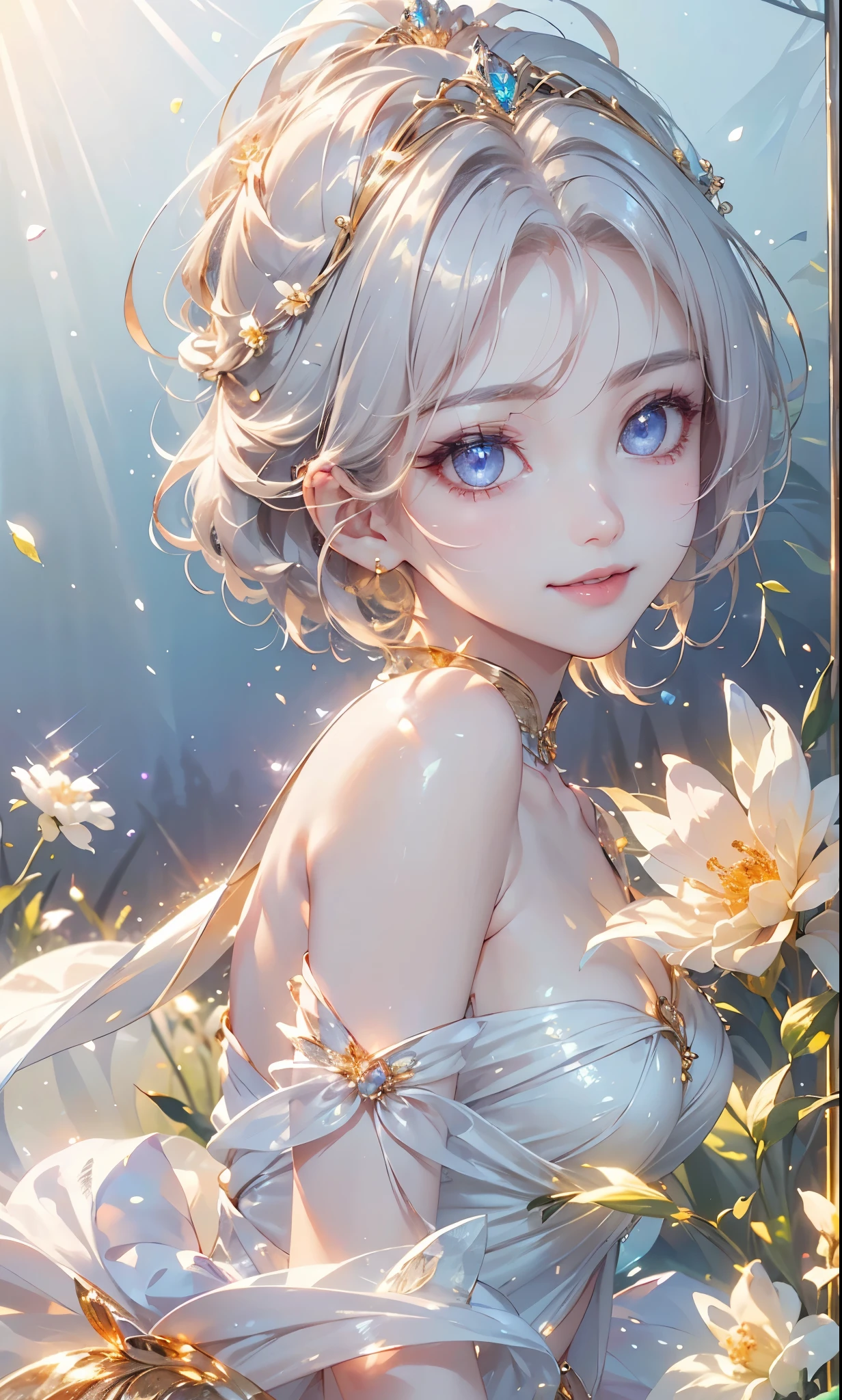 (masterpiece、highest quality、highest quality、Beautiful and beautiful:1.2)、(Good anatomy:1.5)、Focus on the eyes、Painting of a girl with milky white hair、Translucent Princess Dress、Jewelry Tiara，Beautiful smile、looking at the camera、Diffuse reflection of light、Gold flower，Silver Flower，Pearl Light, reika, ((from side))
