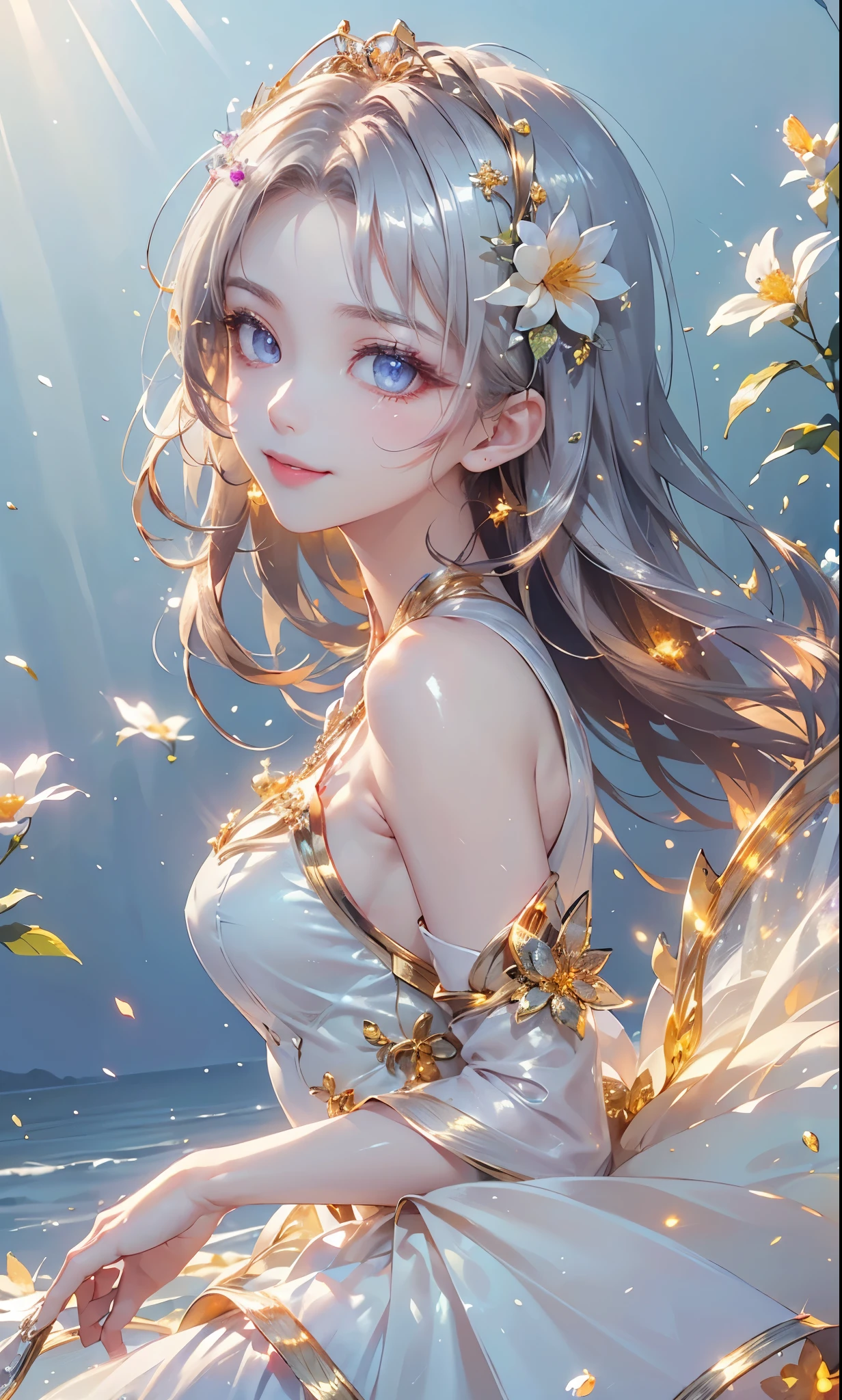 (masterpiece、highest quality、highest quality、Beautiful and beautiful:1.2)、(Good anatomy:1.5)、Focus on the eyes、Painting of a girl with milky white hair、Translucent Princess Dress、Jewelry Tiara,Beautiful smile、looking at the camera、Diffuse reflection of light、Gold flower,Silver Flower,Pearl Light, reika, ((from side))
