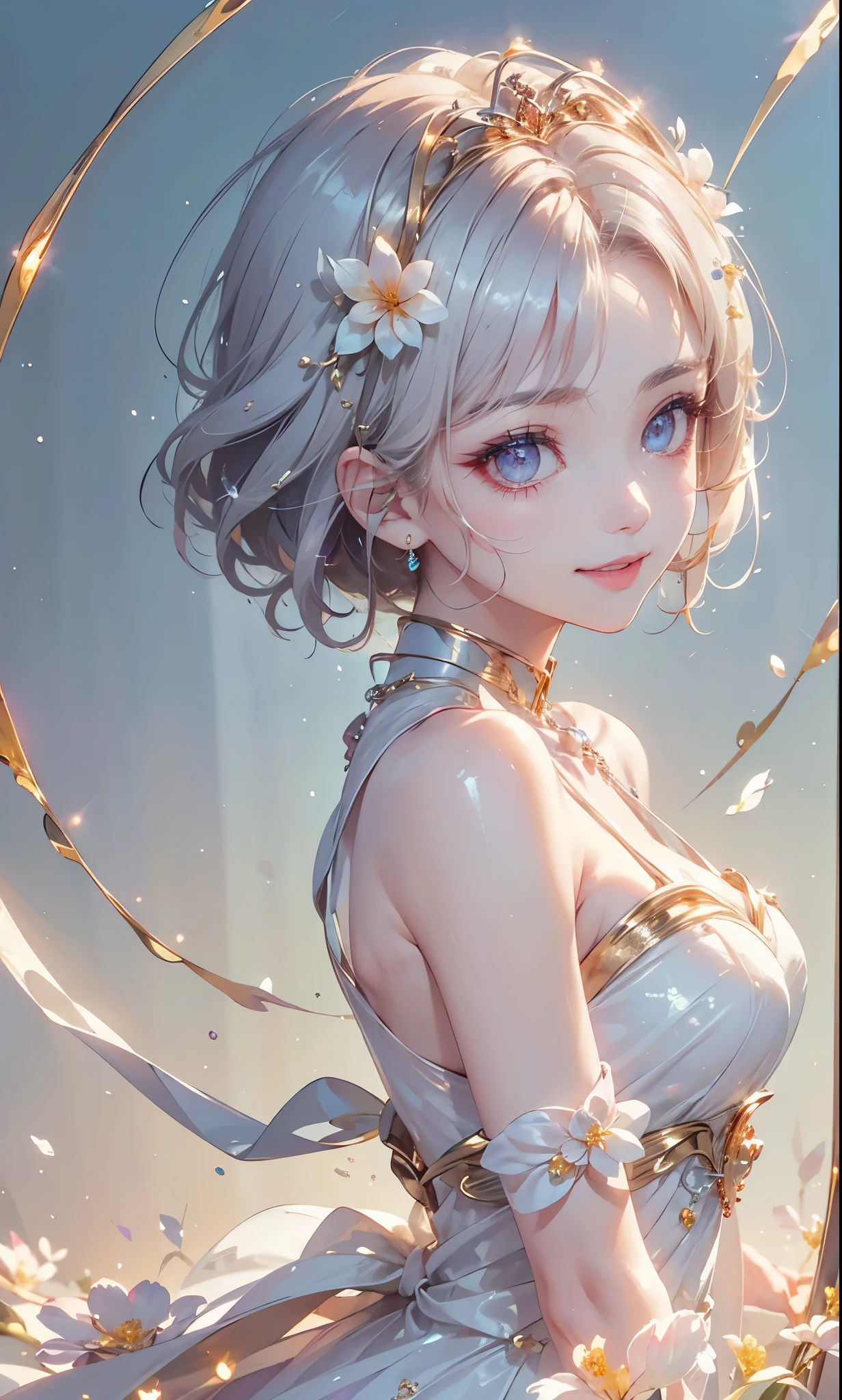 (masterpiece、highest quality、highest quality、Beautiful and beautiful:1.2)、(Good anatomy:1.5)、Focus on the eyes、Painting of a girl with milky white hair、Translucent Princess Dress、Jewelry Tiara,Beautiful smile、looking at the camera、Diffuse reflection of light、Gold flower,Silver Flower,Pearl Light, reika, ((from side))