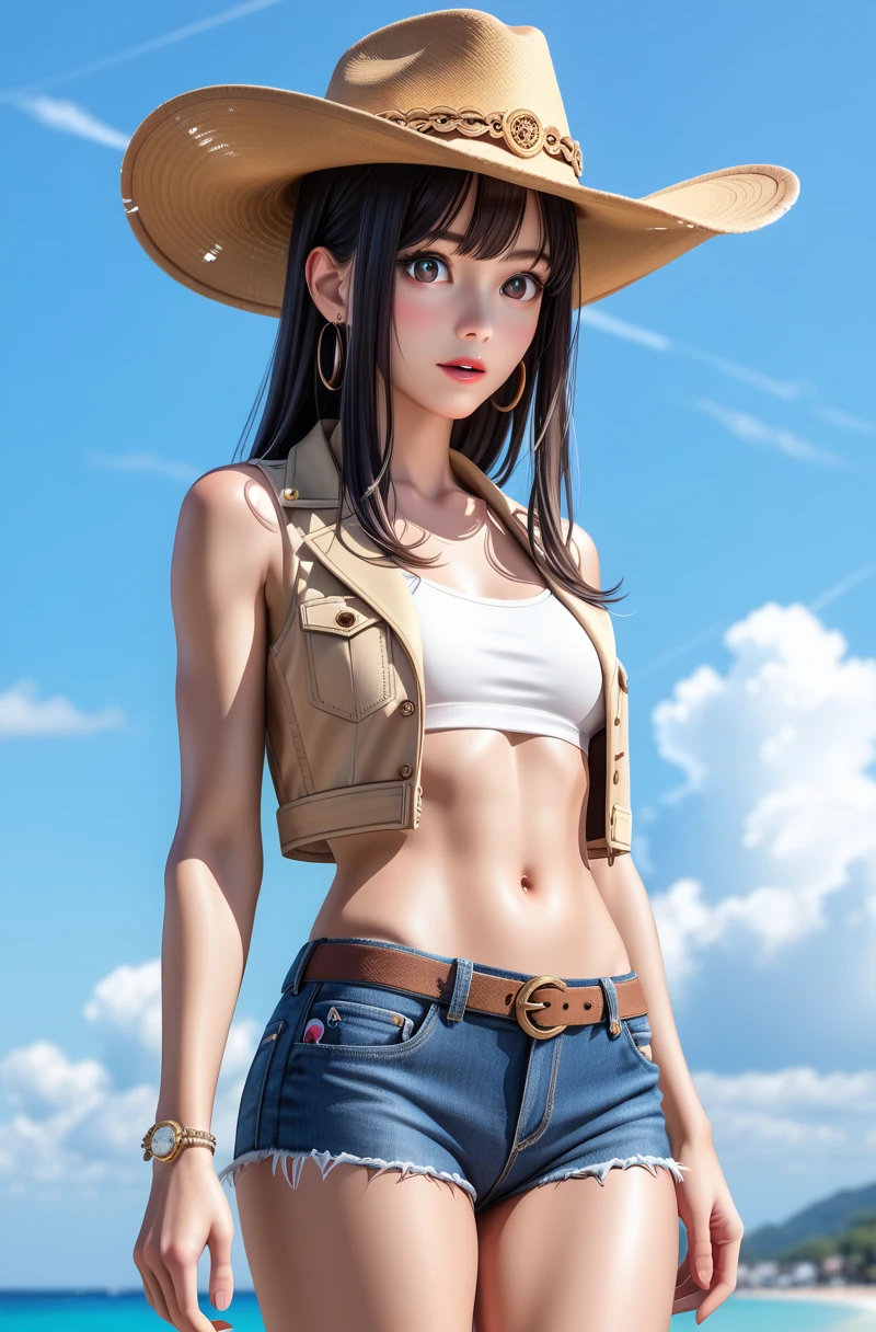 (((1 person:2.0))),(((Cowgirl Costume))),(((Slim Body 1.5))),(((Small Ass))),(((Denim mini skirt))),(((Wear a belt))),(((He is wearing a sleeveless collared shirt, Plaid, Front tie shirt.))),(((Wear a watch))),(((Sandals))),(((Showing cleavage))),(((Showing your belly button))),(((Exposing thighs))),(((Small breasts:1.5))),(((Bare arms))),(((Her hair is black:1.5))),Beautiful detailed girl, Very detailed目と顔, 緻密でBeautiful Eyes, Very detailed, High resolution, Highest quality, masterpiece, Very detailed, 8k wallpaper, wonderful, finely, Highest quality,(((underground:1.5))),((In front of a wooden wall:1.5)),Beautiful Eyes,(((Blushed:1.8))),(((Cowboy Shot:1.5))),(((Open your mouth:0.9))

