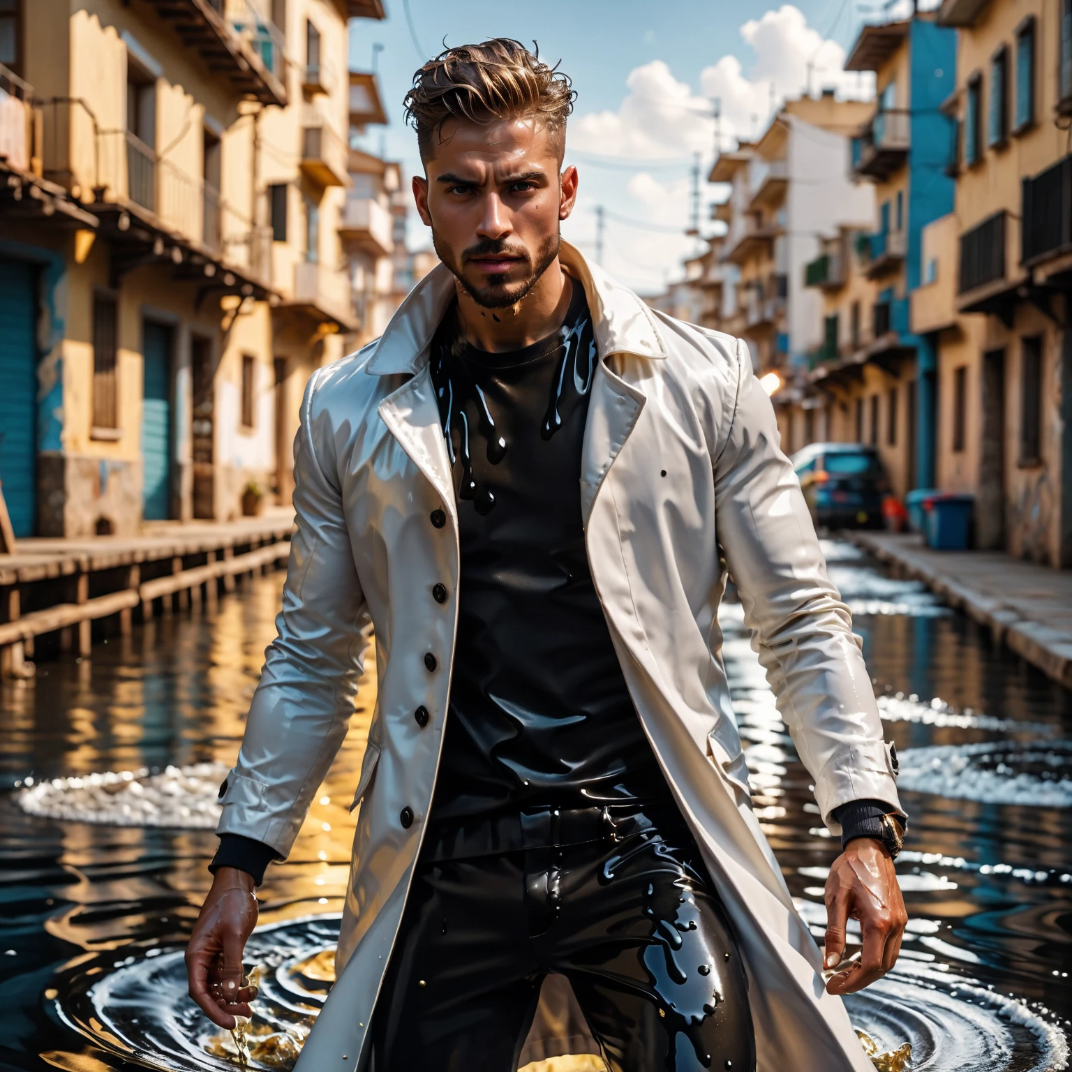 ((masterpiece)), ((best quality:1.4)), High Resolution, (ultra_realistic:1.37), (photorealistic:1.4), ((full body male picture)), (male photo), (fashion editorial photo without text), ((attractive and charming man)), , this captivating scene centers around a charming 22-year-old man with ((short platinum Blonde hair, undercut hairstyle)), (masculine appearance), small shoulder, small pectorals, toned and slender, delicate and symmetric face and body, ((smooth natural skin tone)), ((very photogenic)), youthfulness, athleticism, and intimacy, radiating youthfulness and intimacy, Clad in fashionable lace Hawaiian shirts and sheer swimming trunks that hint at his toned physique underneath, he exudes effortless style and allure, , Amidst the bustling excitement of the Songkran water festival, Completing his ensemble with stylish sunglasses and comfortable flip-flops, he adds a touch of casual elegance to his look as he engages with his boyfriend amidst the lively crowd. splashing water through the air as they embrace of the festival, ((full body)), natural pose, ((dynamic angle)), unparalleled attention to detail, extremely hyper detailed, sharp focus, natural flesh tones, soft light, highly detailed, intricate details, dramatic composition, realism, high-quality rendering, film grain, insanely detailed, seductive, dramatic lighting, dominant, high definition, Fujifilm XT3, (by professional fashion photographer)), UHD, 8k, ((Pay attention to the layer and arrangement of body parts and surrounding objects)), ((Pay attention to the body composition)), ((Correct body structure)), ((Correct photo distance)), romantic atmosphere, lively extremely Gorgeous background), soft dim light, ((wet street:1.25),