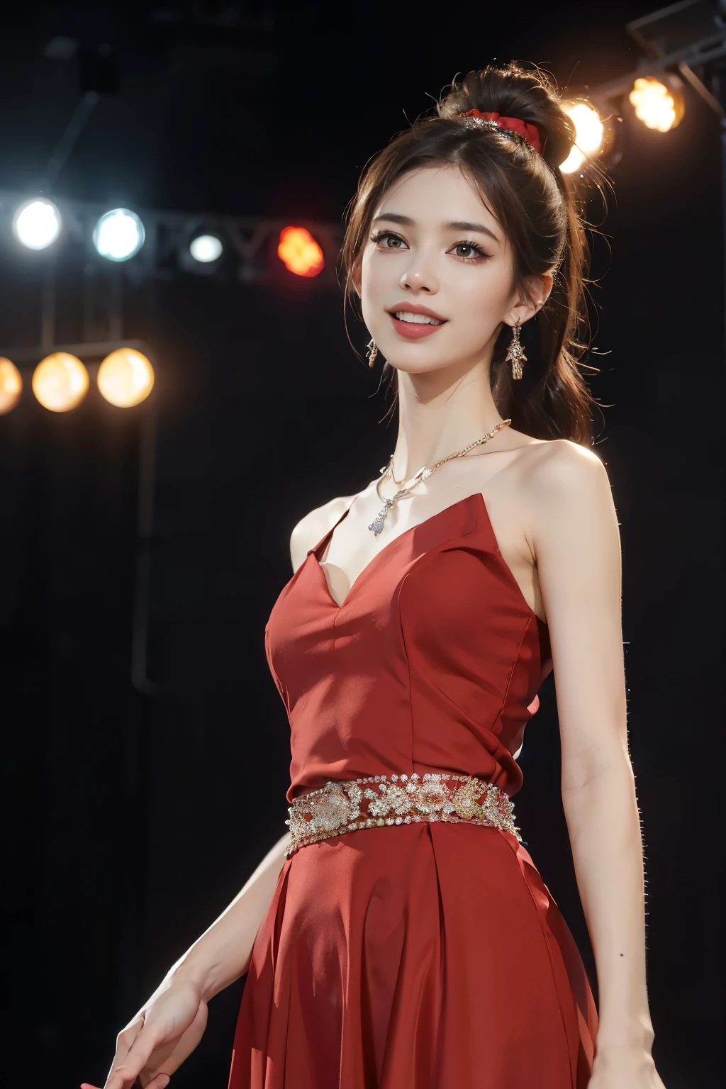 (((best quality))),(((ultra detailed))),(((masterpiece))),illustration, 1girl,singer,solo,short ponytail,open mouth,laughing,slim,thin,flat chest,small breasts,earrings,necklace,Maxi gorgeous sparkled red dress,slender legs,on the stage, performance, passion, confidence, elegance, lighting effects, decorations, audience, melodious voice, beautiful appearance, captivating performance,standing,upper body,from front