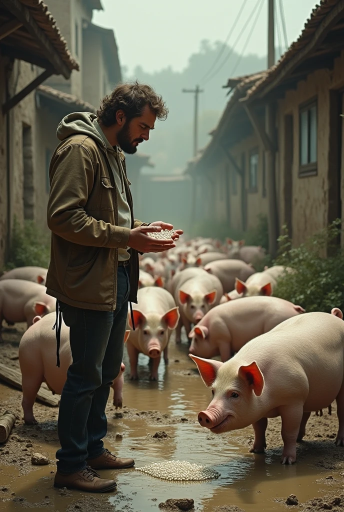 A man named Barry written on his shirt eating poop of pigs and make him fat Pigs surrounding him