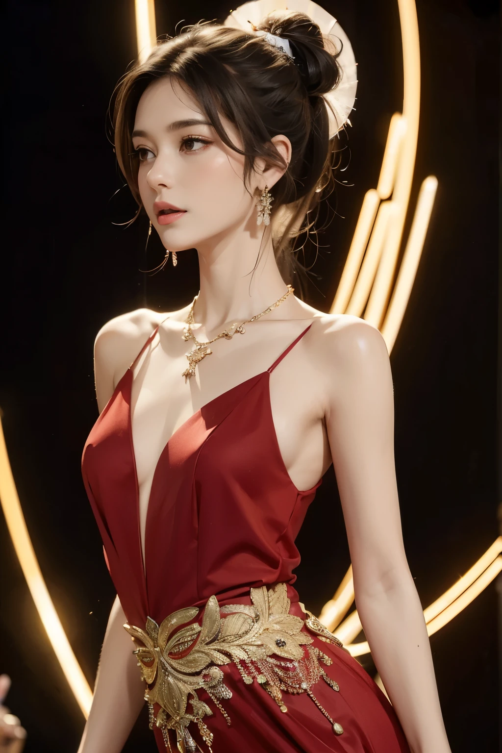 (((best quality))),(((ultra detailed))),(((masterpiece))),illustration, 1girl,singer,solo,short ponytail,open mouth,slim,thin,flat chest,small breasts,earrings,necklace,Maxi gorgeous sparkled red gown,slender legs,on the stage, performance, passion, confidence, elegance, lighting effects, decorations, audience, melodious voice, beautiful appearance, captivating performance,standing,upper body,from front