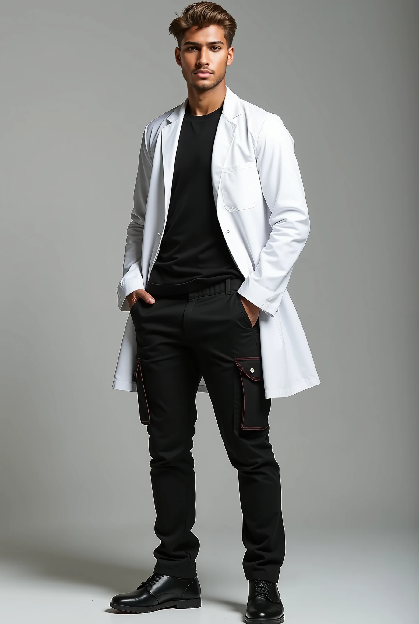 Professional full body photo of an attractive 33 year old male Egyptian model, 219cm tall, short wavy beach sand blond crew cut layered hair, swept back, red eyes, lithe muscular body, very dark skin, wearing a white lab coat over a fitted black crew-neck shirt made from high-tech, breathable fabric, slim-fit black cargo pants with subtle red stitching, and black slip-resistant shoes, standing at a photoshoot.