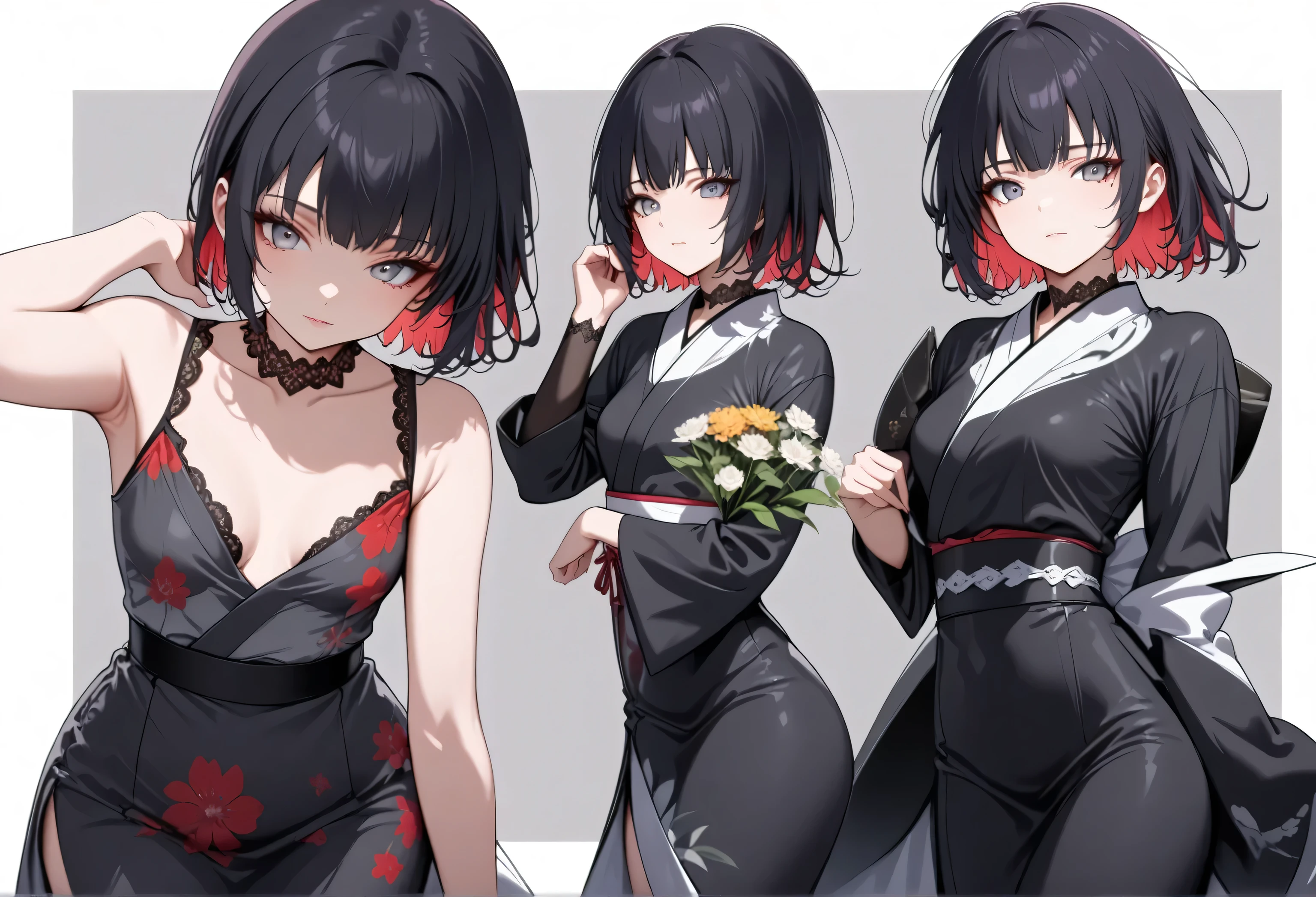 score_9, score_8_up, score_9_up, source_anime, ellenjoe, night, full body pov, passionless, closed mouth, ellen joe, black hair, sexy body, soft indirect light, flowers in foreground, colored inner hair, passionless, multicolored hair, focus on her things, jumping mid air, anatomically correct , grey eyes, passionless face, grey eyes, half open black kimono, white and black kimono, kimono with red flower prints, passionless, beautiful face, ellen joe, japanese garden, small breast, pastel color, red hair, soft white scalf, short hair, close-up, passionless, two-tone hair, very aesthetic, looking at you, beautiful things, small breasts, lace collar, sexy body, small breasts, two-tone hair, stunning background, sunset beautiful background, looking at viewer, beautiful eyes, solo, fantasy world, sunrise, beautiful red sunrise, beautiful eyes