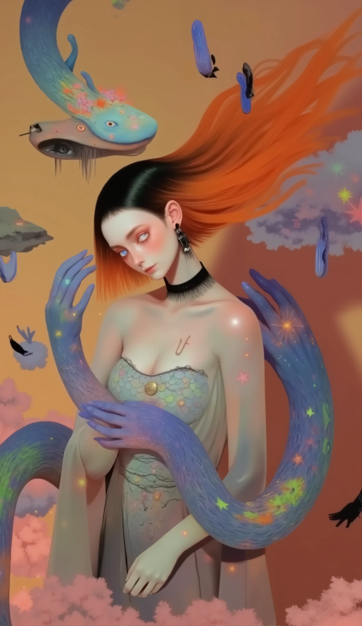 a beautiful detailed girl with snake-like body, intricate snake scales, flowing hair, glowing eyes, detailed face, elegant and graceful posture, mystical and divine presence, 8k, high resolution, hyper detailed, cinematic lighting, dramatic lighting, vibrant colors, fantasy art, concept art, digital painting, highly detailed, ultra realistic, photorealistic