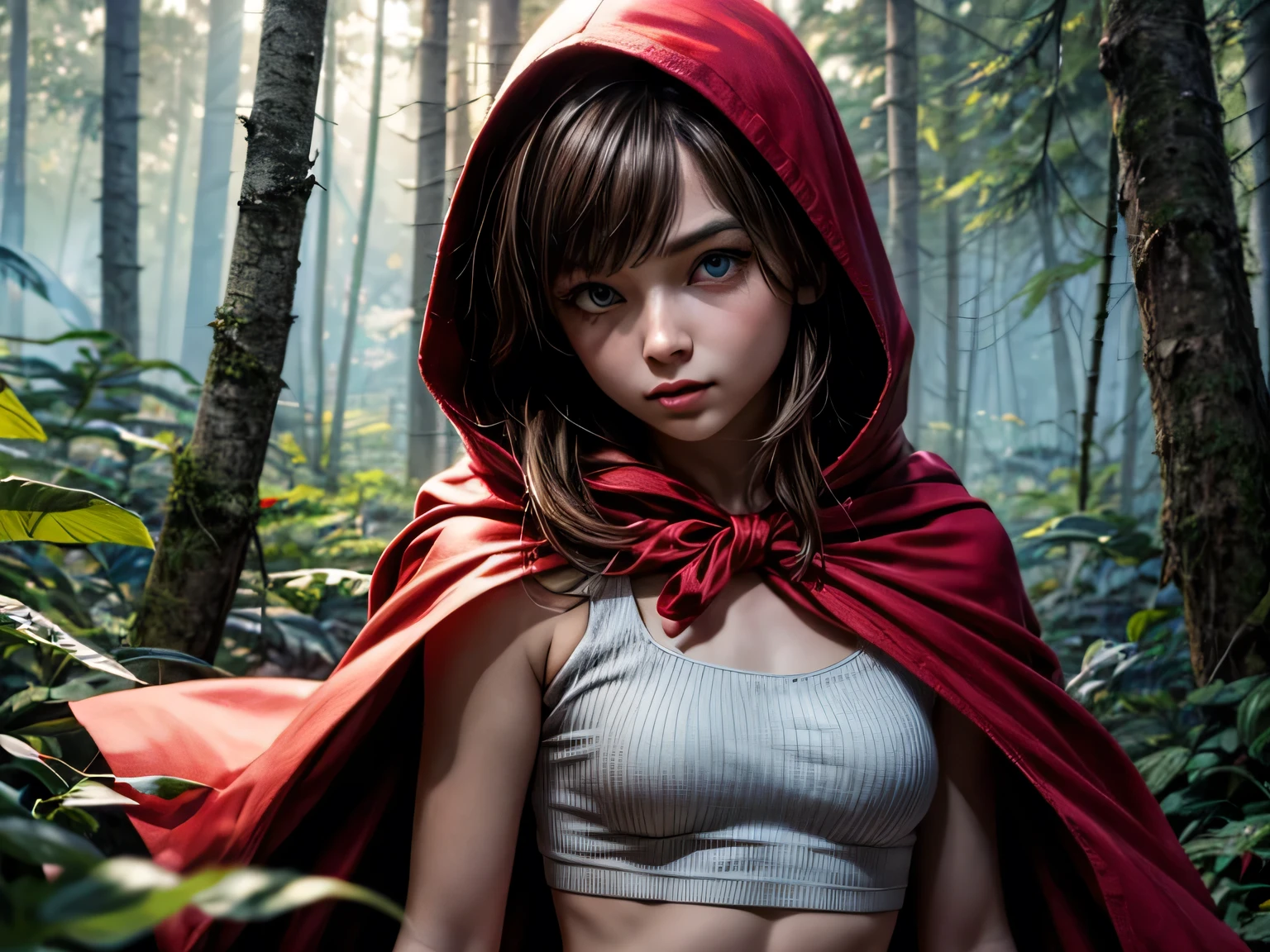 (masterpiece), best quality, expressive eyes, perfect face, white stockings, red skirt, red cloak, flat chest, small white crop top, girl, ite ,brown hair, long hair, blue eyes, side hair bun, barely legal, red riding hood having a rest in the forest, with a wolf next to her, forest floor covered with flowers