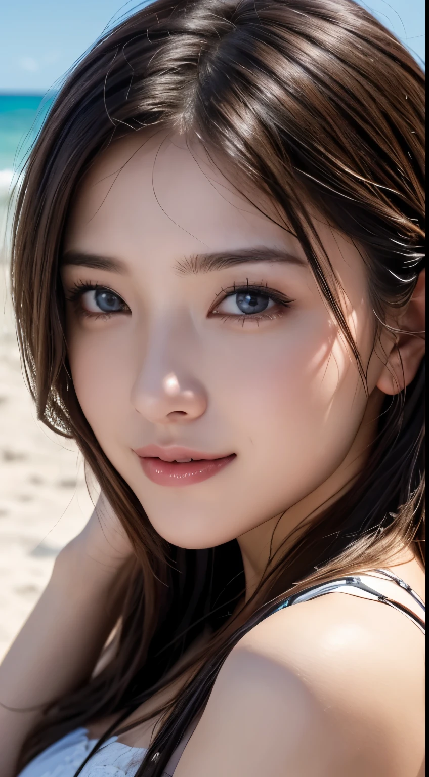 (Best lighting, Best Shadow, masterpiece, high quality), colorful, Vibrant, Summer mood, lots of bright colors, Beautiful woman in a red and white striped bikini set,, Hair loss, Standing on a beach with clear water and white sand, Palm tree､Bright blue sky.  masterpiece, 最high quality, high quality, High resolution, sexly, ((Face close-up)), Face close-up