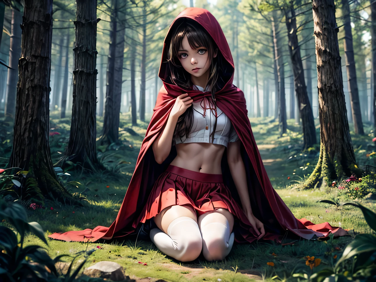 (masterpiece), best quality, expressive eyes, perfect face, white stockings, red skirt, red cloak, flat chest, small white crop top, girl, ite ,brown hair, long hair, blue eyes, side hair bun, barely legal, red riding hood having a rest in the forest, with a real wolf lying next to her, forest floor covered with flowers, show full body,