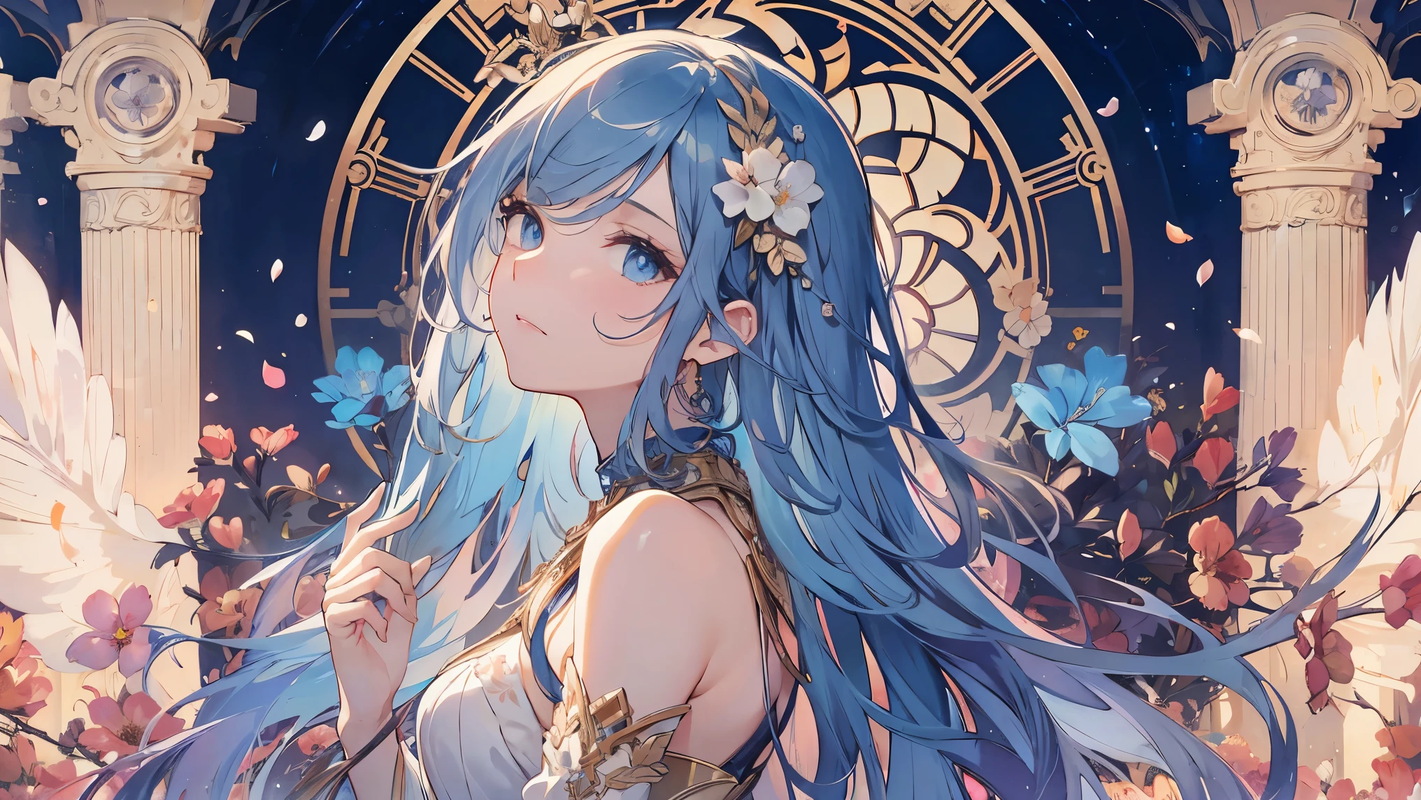 by Alfons Mucha, Art Deco, UHD, accurate, ((masterpiece)), ((high details)), high quality, textured skin, Floral prints, blue hair, Alfons Mucha-style posters, beautiful profile, Background (scattered petals), Gorgeous dress, cute, Divinity, Serenity, A beauty that captivates the viewer, upper body, cowboy shot, Long eyelashes, watery eyes, sad expression, Looking down