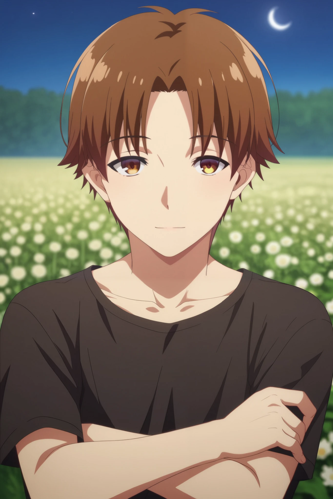 score_9, score_8_up, score_7_up, source_anime, rating_safe, , (photorealistic:0.6), , depth of field, 1boy, solo, male focus, kiyotaka_ayanokouji, brown hair, brown eyes, short hair, bangs, parted bangs, asymmetrical, flower field, flowers, night, crescent moon, arms under breasts, light smile, , 