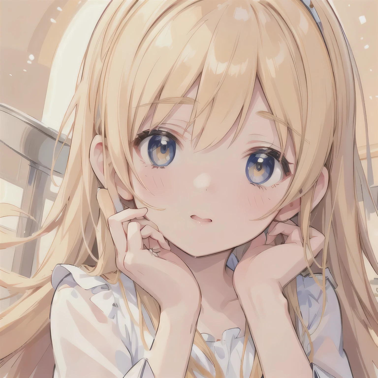 masterpiece, best quality, ultra-detailed, 8K, semirealistic, close up face, (Aino Minako), 1girl, deep yellow long hair, tiara, kissing face, blush,
