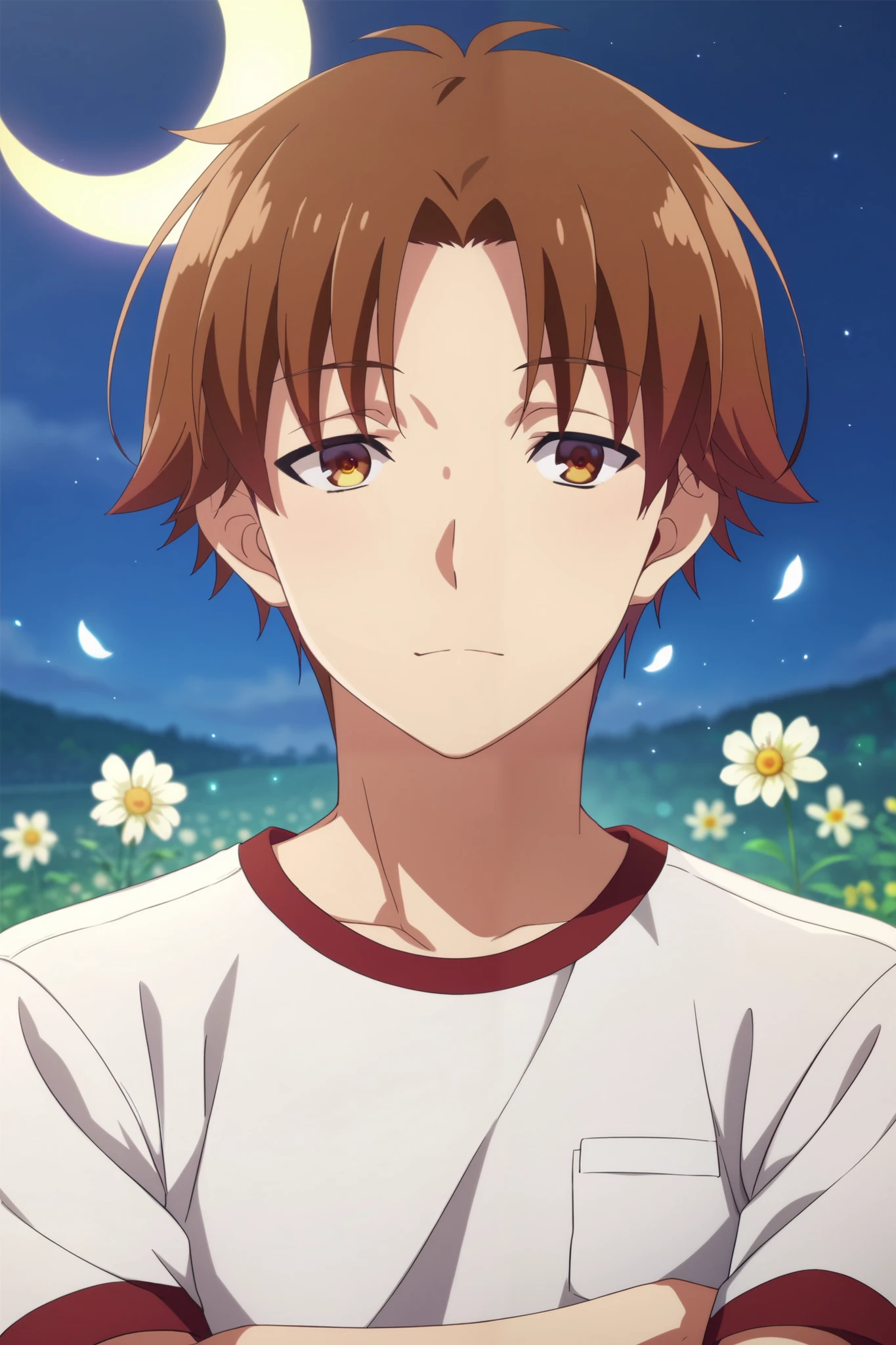 score_9, score_8_up, score_7_up, source_anime, rating_safe, , (photorealistic:0.6), , depth of field, 1boy, solo, male focus, kiyotaka_ayanokouji, brown hair, brown eyes, short hair, bangs, parted bangs, asymmetrical, flower field, flowers, night, crescent moon, arms under breasts, light smile, ,