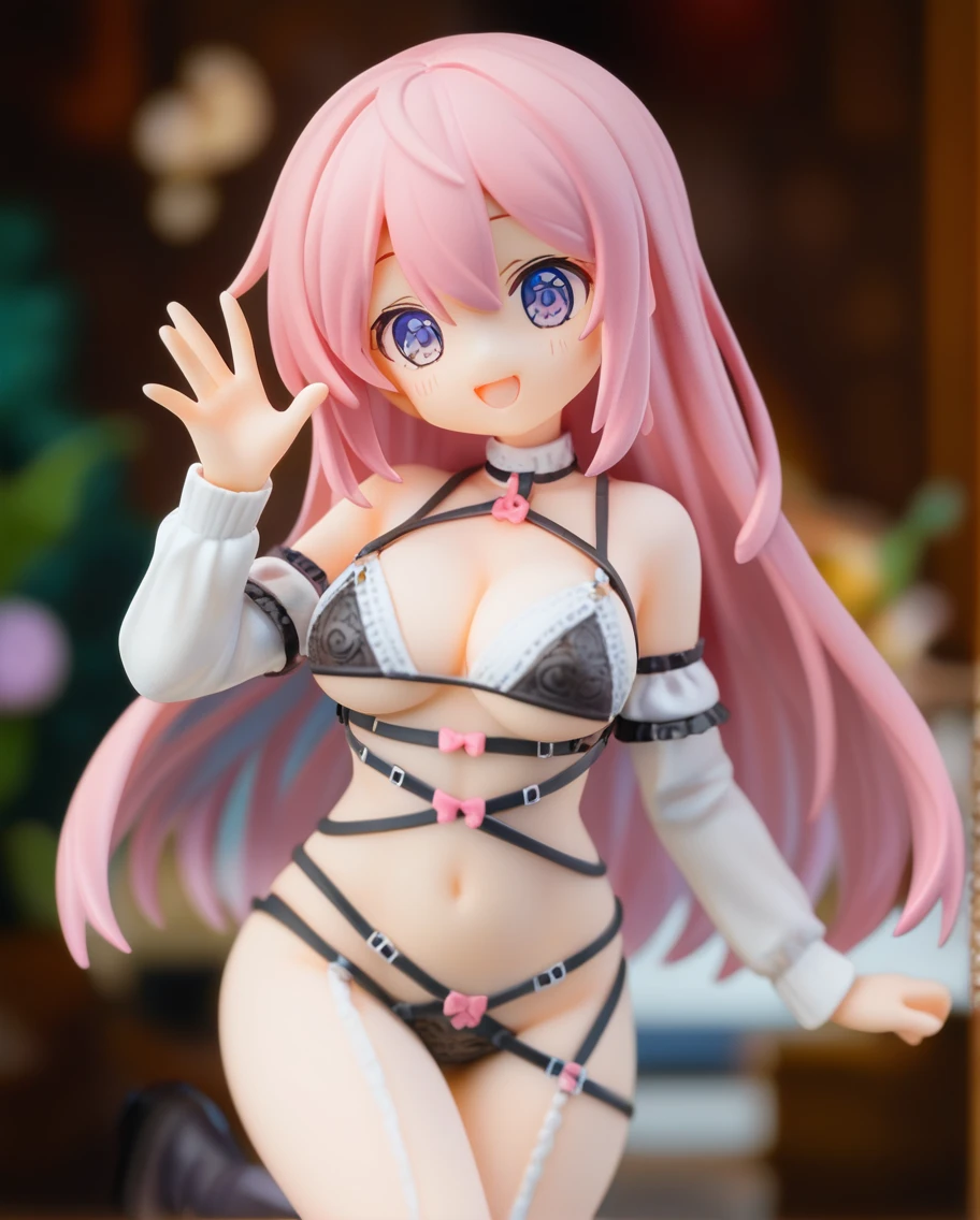 (mature woman:1.5), solo, cowboy shot, (looking down, empty eyes, blank eyes:1.3), light smile, fake animal ears, playboy bunny, rabbit ears, red leotard, thighhighs, long hair, rabbit tail, detached collar, bow, wrist cuffs, pink hair, green eyes, tail, fake animal ears, leotard, bowtie,