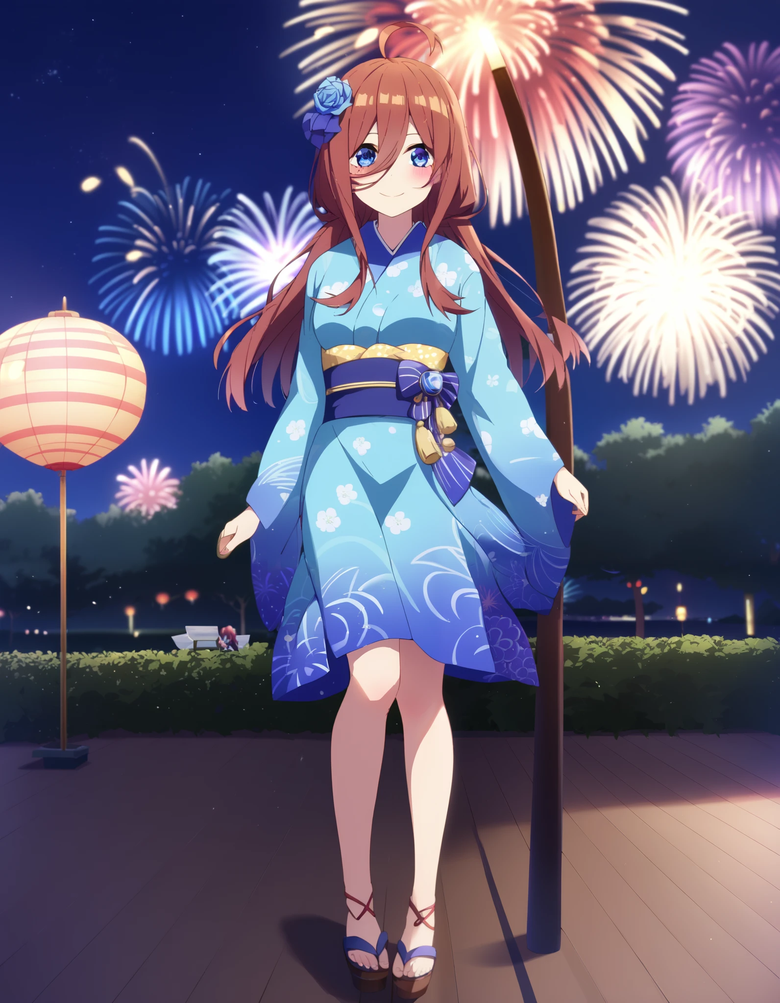 score_9, score_8_ up the side, score_7_ up the side, source_Anime, Nakano Future, long hair, bangs, blue eyes, brown hair, long hair, bangs, blue eyes, brown hair, hair between eyes ,smile,blush, legs ,Blue flower pattern kimono, side lock ,Sandals,日本のfestival,夏festivalの屋台, red lanterns,Fireworks in the night sky, fireworks,The location is the fireworks festival.,The time is night, standing,whole bodyが illustration に入るように,
break outdoors, festival,
break looking at viewer, whole body、
break ( Masterpiece:1.2), top quality, high resolution, unity 8k wallpaper, ( illustration :0.8), ( beautiful detailed eyes:1.6), highly detailed faces at a pachinko parlor, perfect lighting, Highly Detailed CG, ( perfect hand, perfect anatomy ),