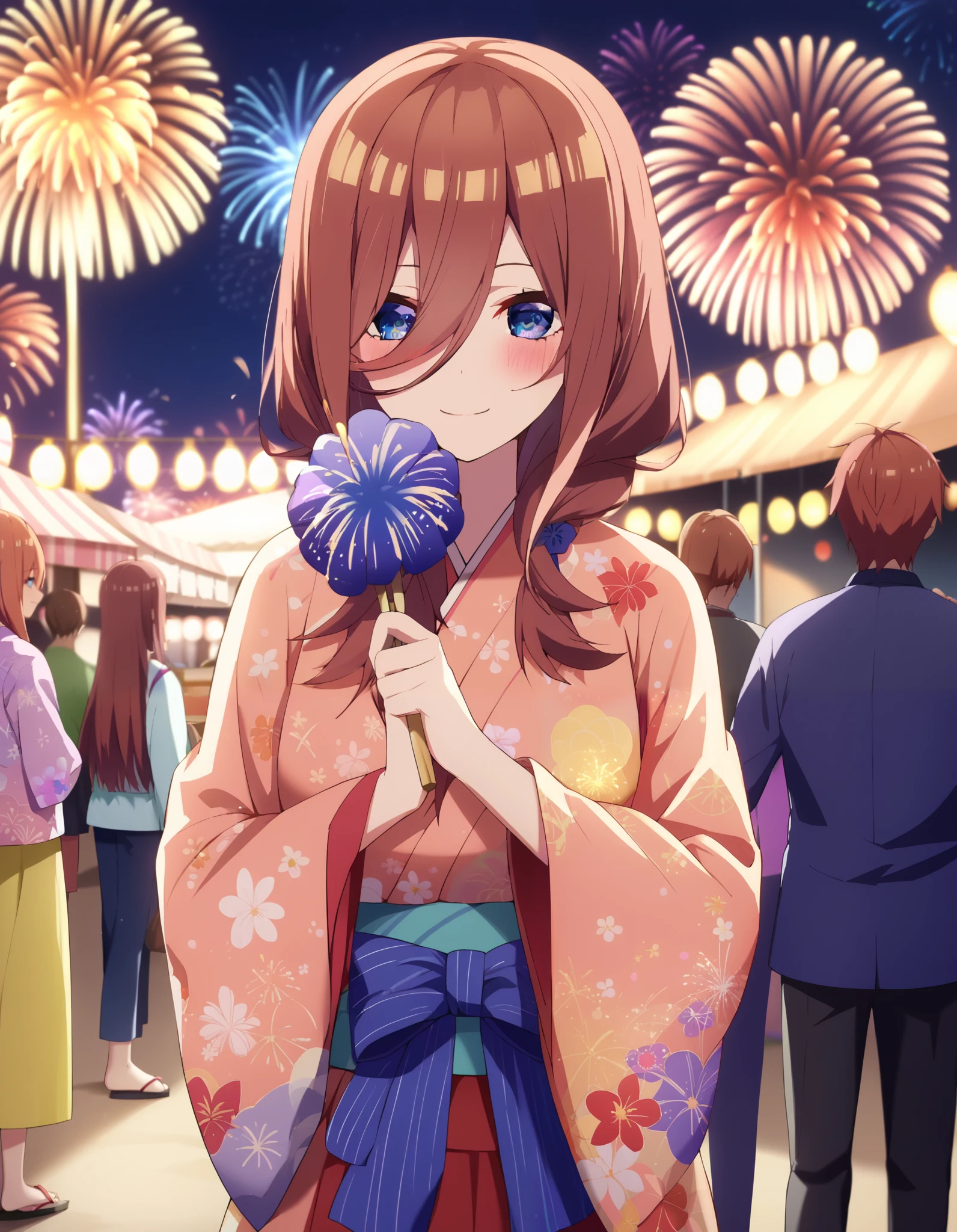  score_9,  score_8_ up the side,  score_7_ up the side,  source_Anime, Nakano Future,  long hair, bangs,  blue eyes,  brown hair,  long hair, bangs,  blue eyes,  brown hair,  hair between eyes ,smile,blush, legs ,Blue flower pattern kimono, side lock ,Sandals,日本のfestival,夏festivalの屋台, red lanterns,Fireworks in the night sky, fireworks,The location is the fireworks festival.,The time is night, standing,whole bodyが illustration に入るように,
break outdoors, festival,
break looking at viewer, whole body、
break ( Masterpiece:1.2),  top quality,  high resolution, unity 8k wallpaper, ( illustration :0.8), ( beautiful detailed eyes:1.6),  highly detailed faces at a pachinko parlor,  perfect lighting,  Highly Detailed CG, ( perfect hand,  perfect anatomy ),