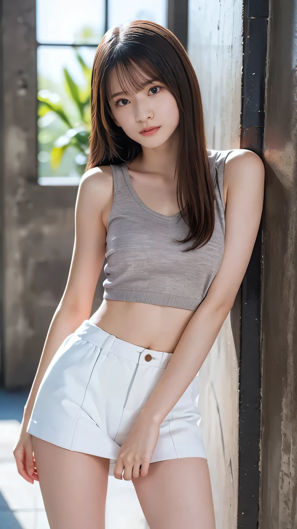 (( 1 girl)), woman, Masterpiece, top quality, top quality, cinematic lights, ( Stereo lighting ), extremely detailed CG unity 8k wallpaper, Concentrated, 8k wallpaper, extremely detailed, super real, photorealistic, sharp concentration, is ridiculous, ( high resolution:1.2), ( High Contrast ), photos, detailed and complicated, Instagram , portrait, very detailed from outside the window, Digital Painting , ART STATION, Concept Art, smooth, sharp concentration, illustration , cinematic lights, big breasts:1.3, ((( skinny, thin legs))), ( Japanese idol pose to close their legs), ( knit strap tank top, Micro Mini Skirt, open shoulder , open chest , Chest), is staring at viewers, ((Indian Pose)), ((Medium body shot , Hip Level Shots )), long hair, (( leaning against a wall)), beautiful eyes.