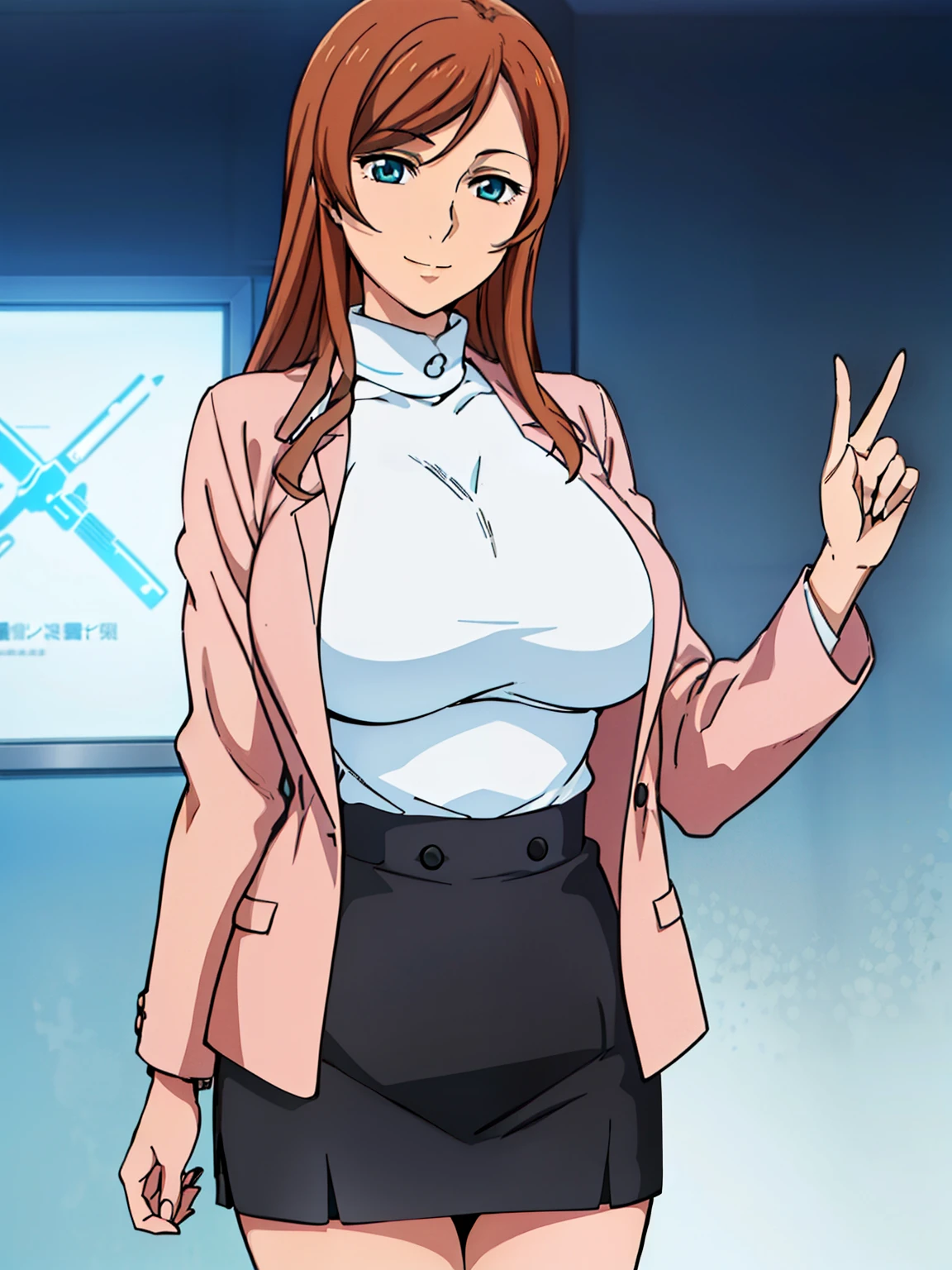 (orange turtle neck knitwear), white lab coat, black pencil skirt, (medical room background), Kamiki Mirai, mature woman, anime cels style, best quality, high resolution, 1girl, (huge breasts:1.2), beautiful face, Beautiful Finger, Beautiful long legs, Beautiful body, Beautiful Nose, Beautiful character design, brown hair, Long hair, bangs, blue eyes, looking at viewer, cowboy shot, smiling