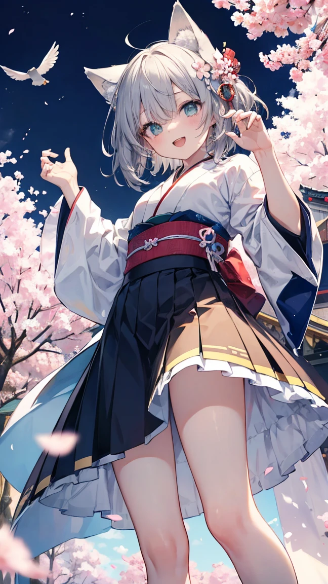 amane kanata,idol costume,naked,Pussy。inside the skirt,Angle from below,naked足,Shrine with cherry blossoms,,hands behind head。A rolled up skirt